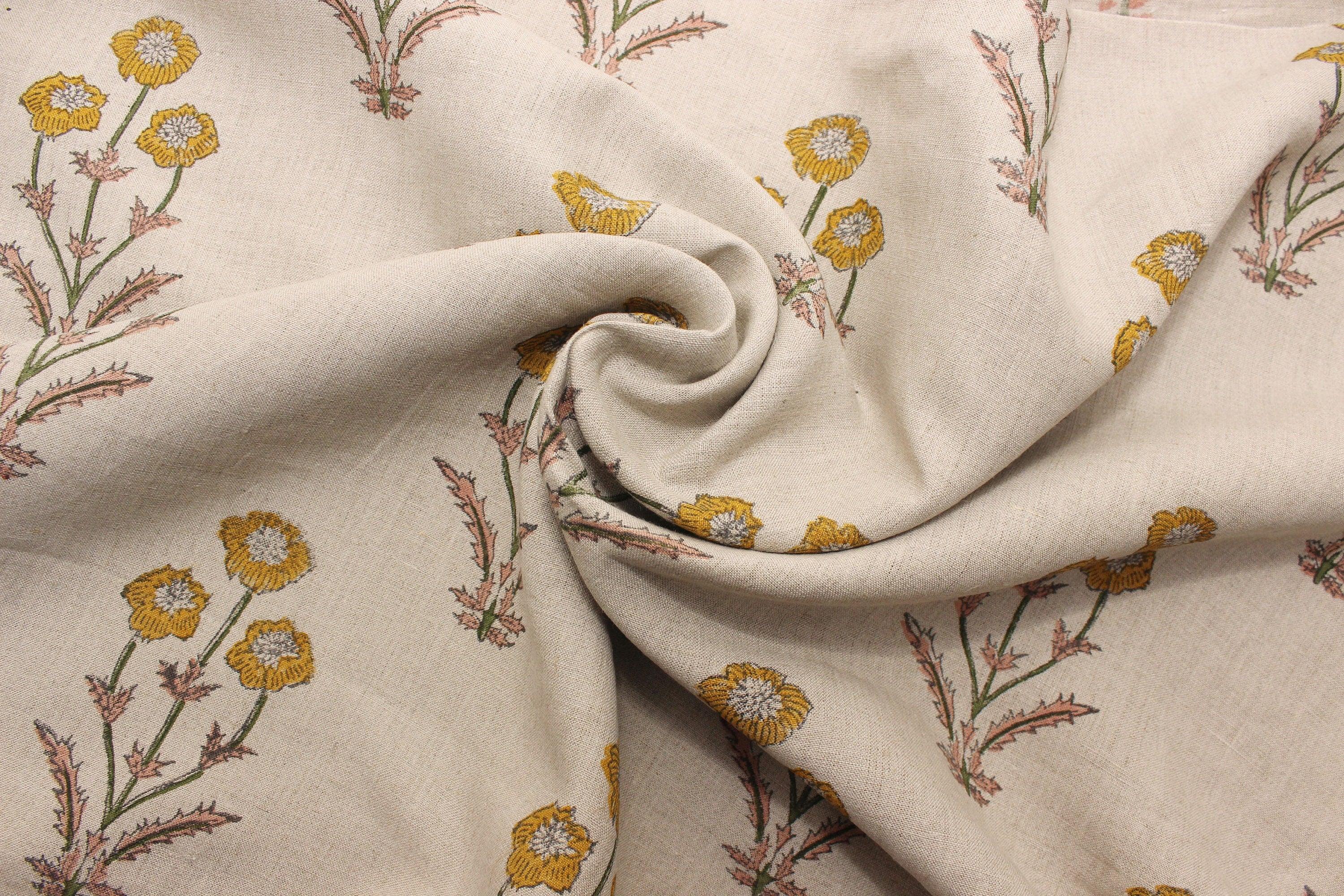 Amitabh Flower  Best Floral Hand Block Print Fabric  Natural Linen 58"Inch Wide  Strong/Durable  200 Gsm   By The Yard Linen