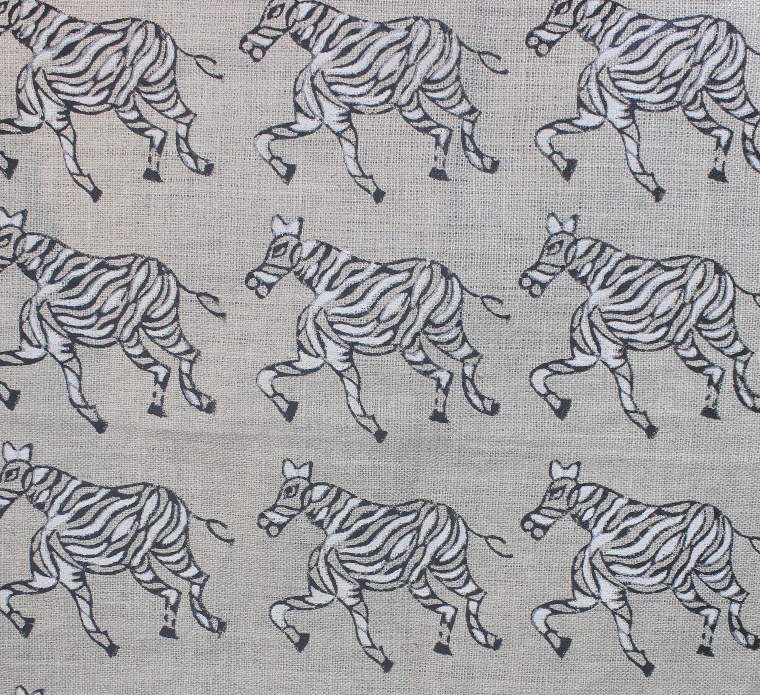 Block Print Linen Fabric, Zebra  Blue White Block Print Fabrics  Zebras  Black/White  Linen Fabric By The Yard