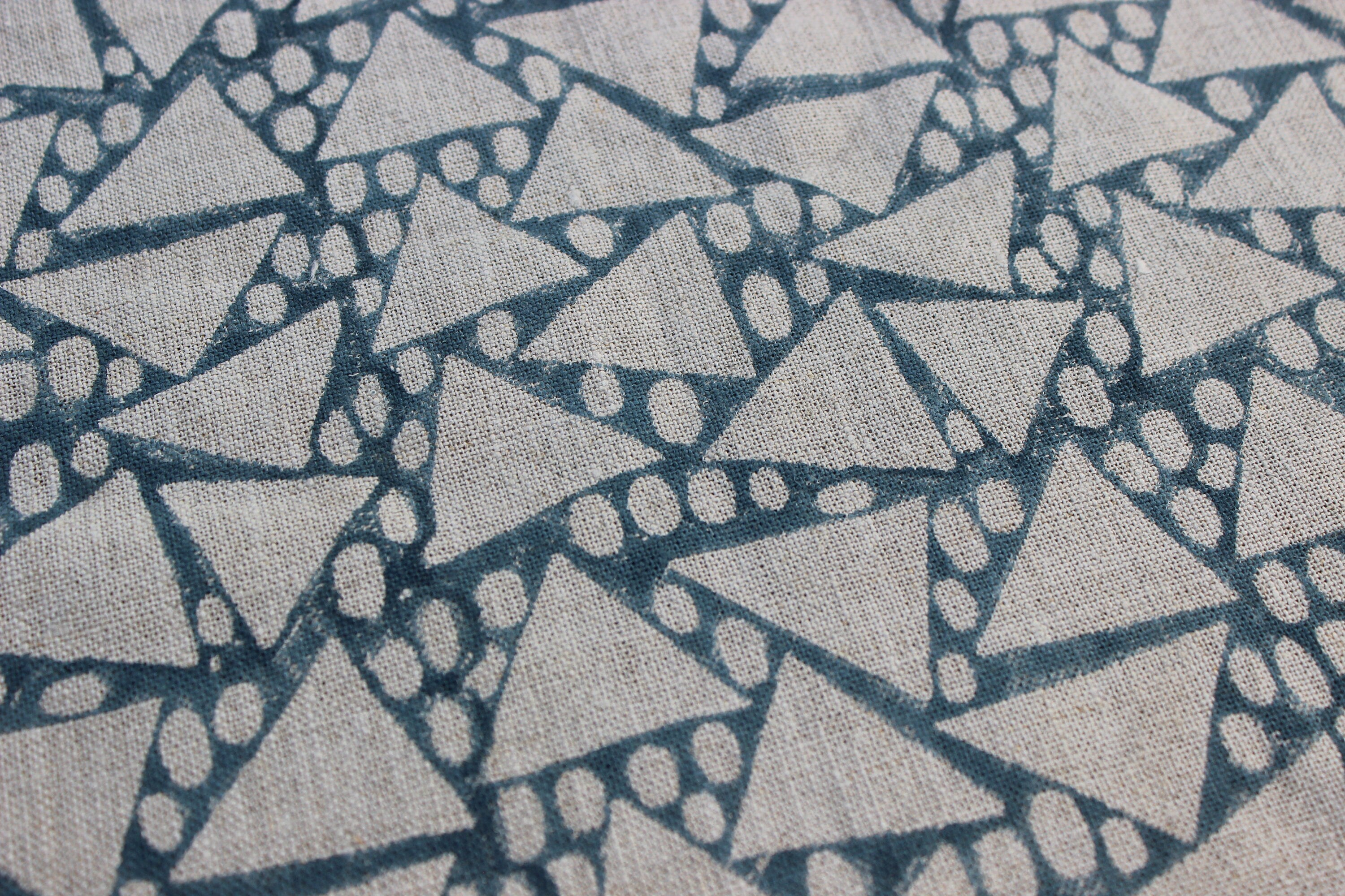 Block Print Linen Fabric, Triangle Zoom  Block Print Fabric, Triangle & Dot Pattern, Natural Linen Cloth, Block Print Textile, Sewing  Upholstery Material