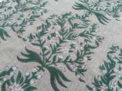 Block Print Linen Fabric, Vrindavan Flowergreenblock Print Fabric, Floral Print Linen, By The Yards, Pillow Cover Fabric For Tablecloth, Thick Linen For Upholstery