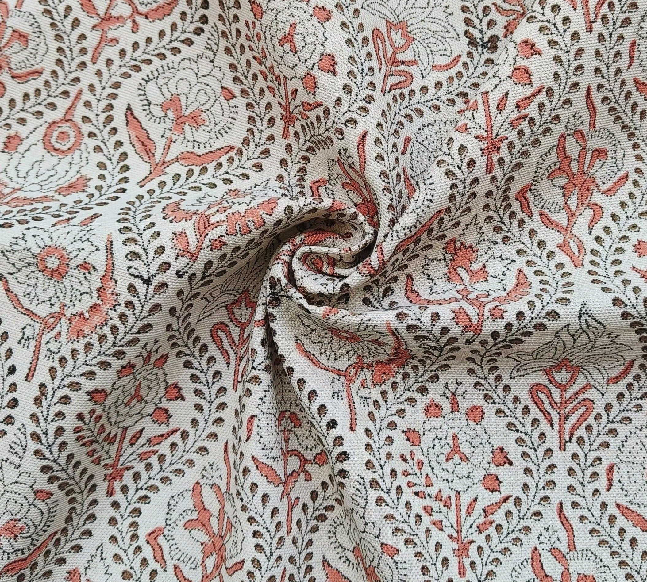 Amerbel Orange Floral Linen Block Print Fabric, Indian Handmade Art  Pillowcase Fabric, Upholstery & Curtains