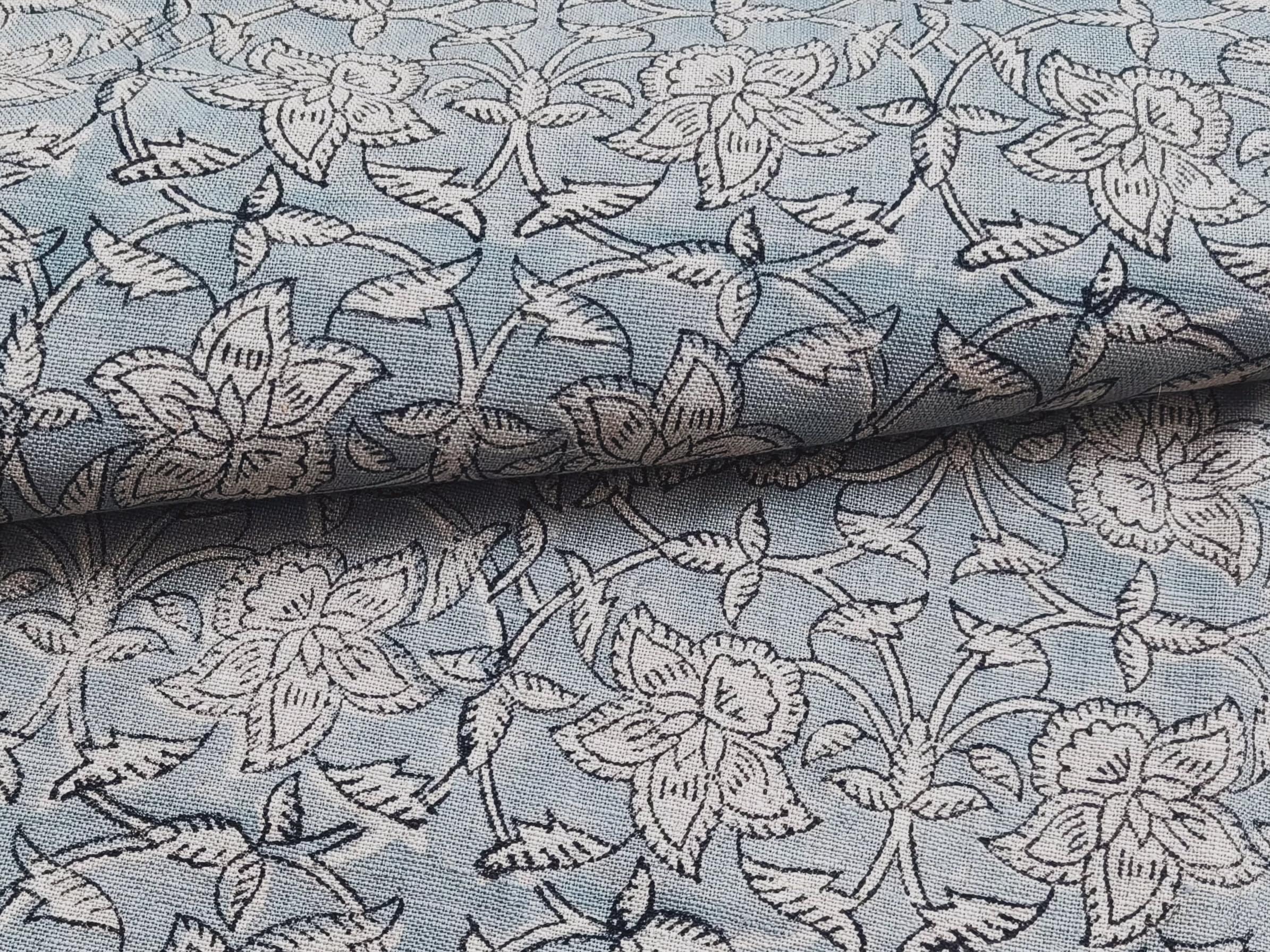 Chudamani  Block Print Thick Linen Fabric  Gray Floral Print Upholstery Fabric, Block Printed Pillow Cover, Curtain Linen By The Yard