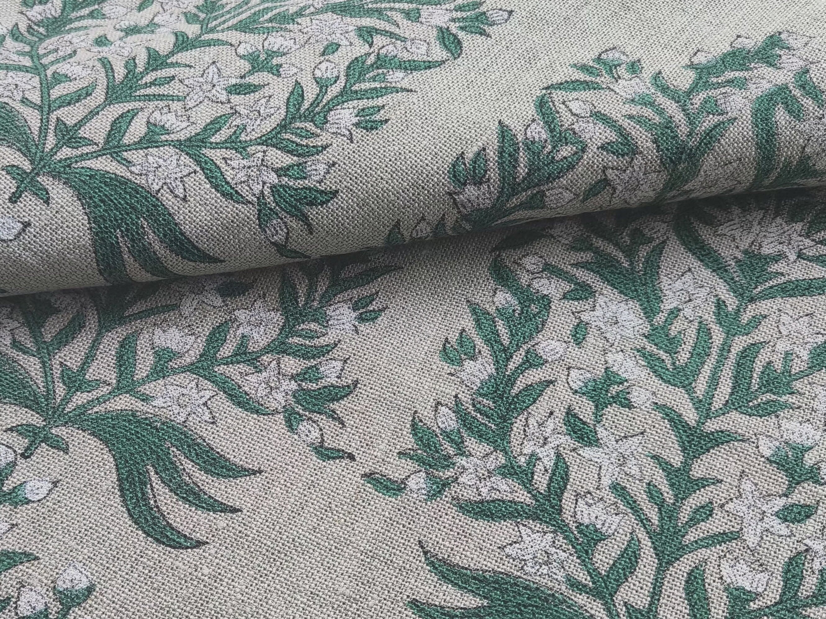 Block Print Linen Fabric, Vrindavan Flowergreenblock Print Fabric, Floral Print Linen, By The Yards, Pillow Cover Fabric For Tablecloth, Thick Linen For Upholstery