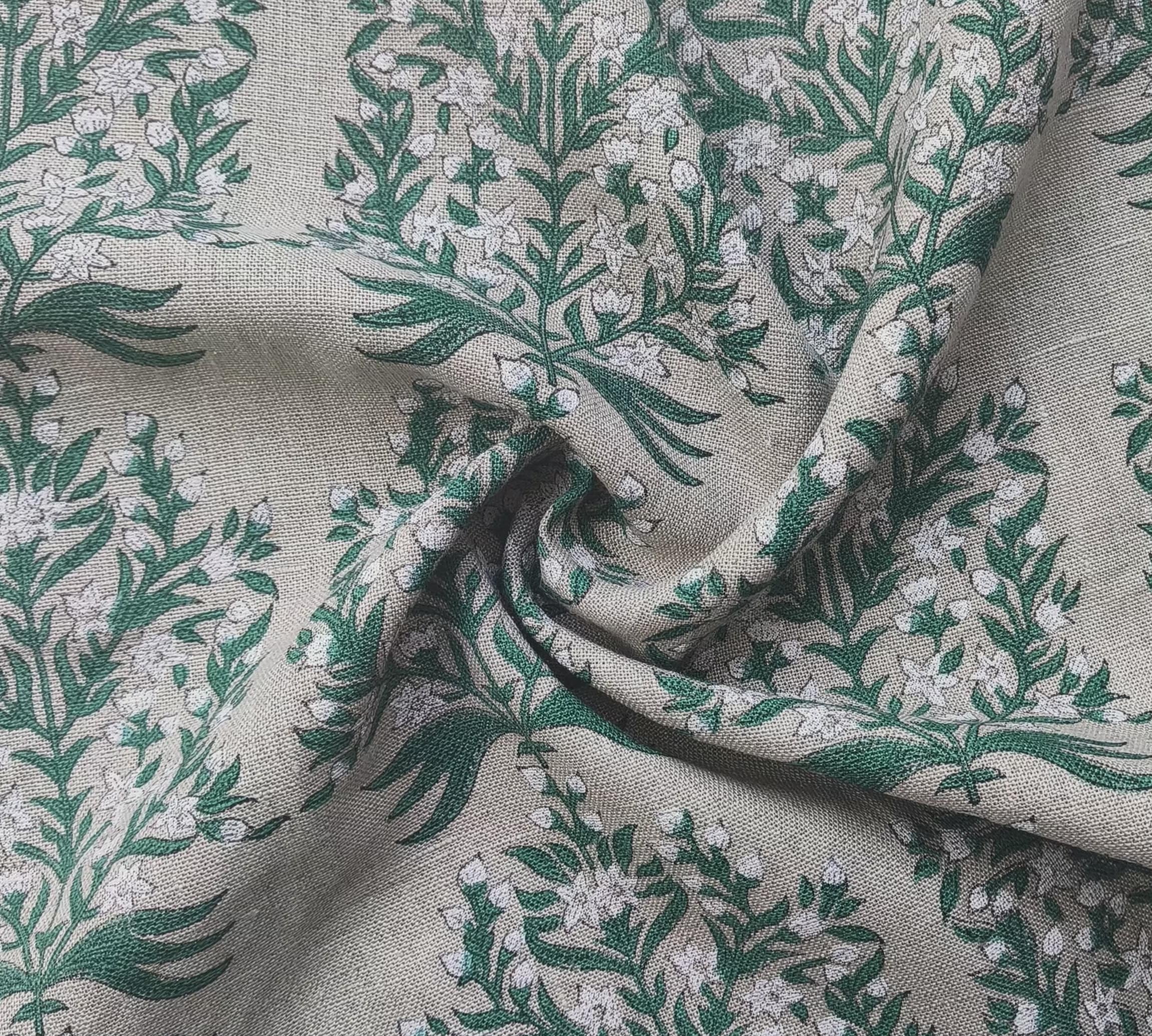 Block Print Linen Fabric, Vrindavan Flowergreenblock Print Fabric, Floral Print Linen, By The Yards, Pillow Cover Fabric For Tablecloth, Thick Linen For Upholstery