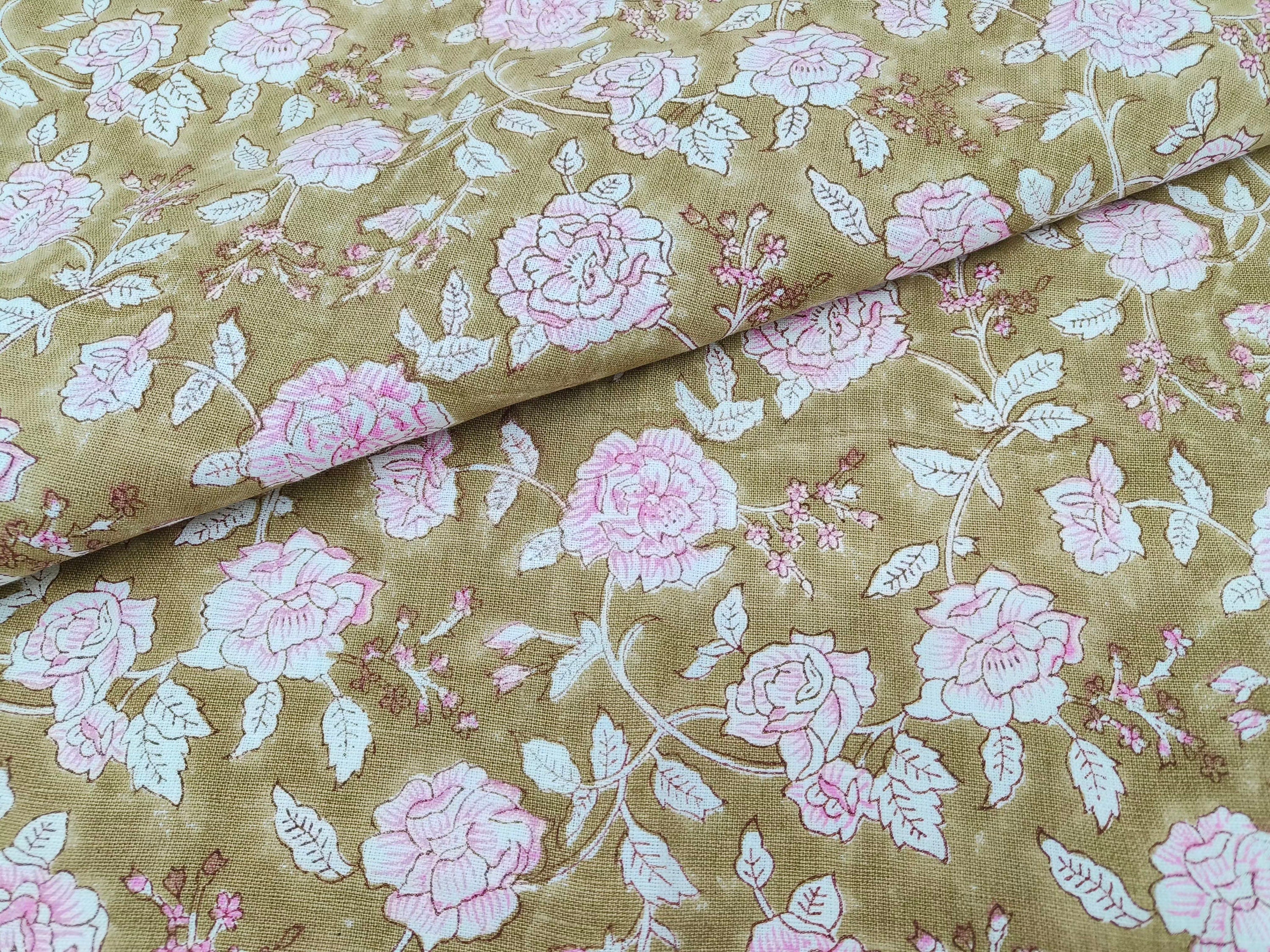 Block Print Linen Fabric, Rameshwaram  Pure Linen White Base Cushion Fabric, Khaki Pink Printed Fabric For Throw Pillow, Hand Block Printed Linen, Floral Print 