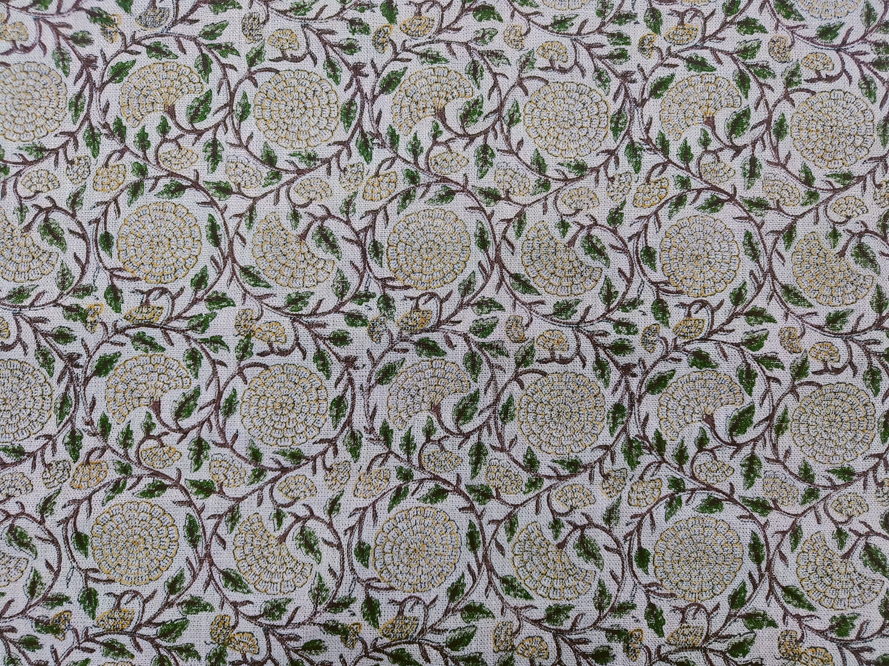 Block Print Linen Fabric, Karwachauth Green Floral Vine Block Print Linen Fabric. Fabric For Cushion, Pillow, Upholstery And Curtains, Also Available Duck Canvas