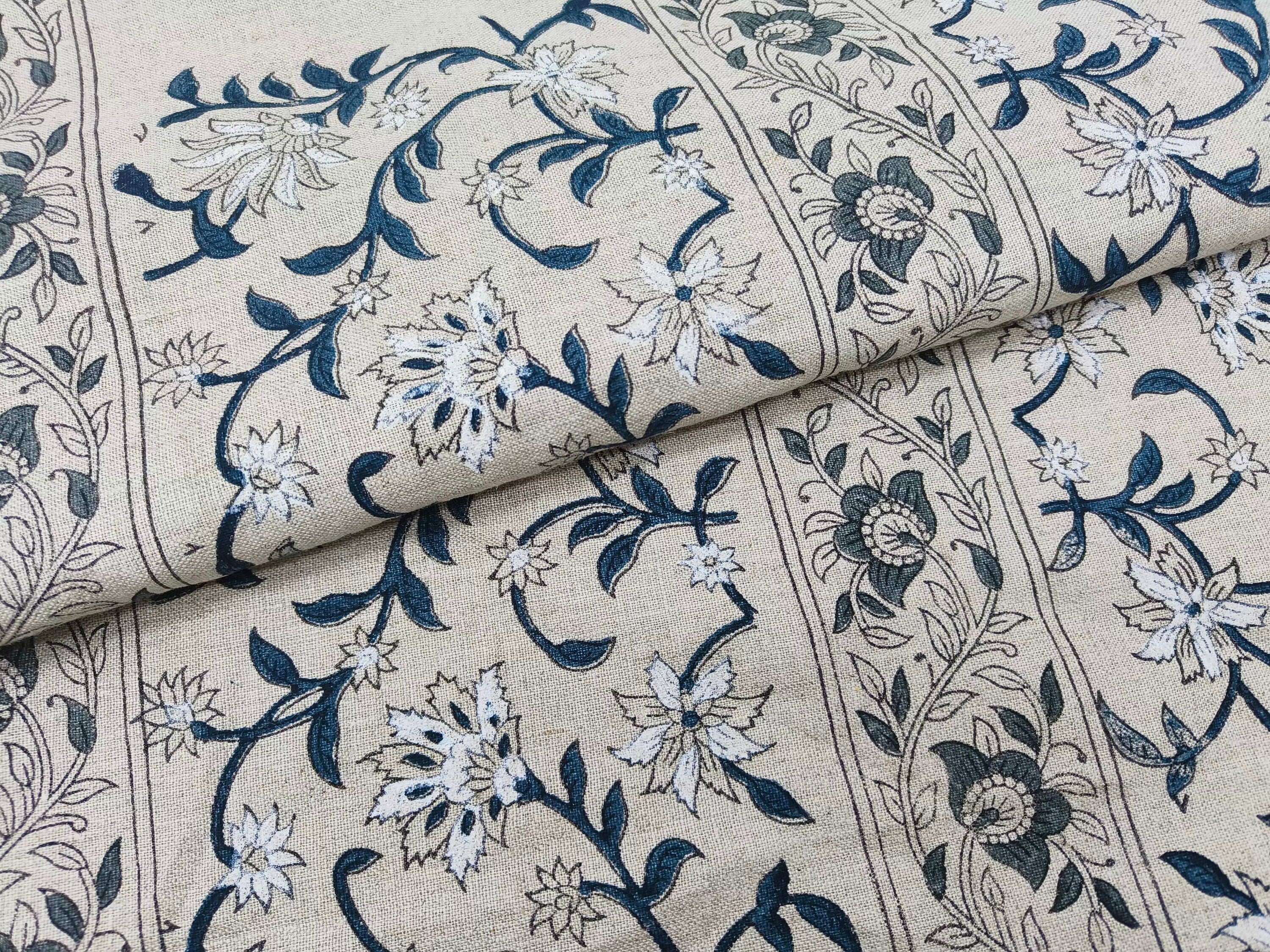 Block Print Linen Fabric, Mangal Pandey  Grey Blue Floral Block Print Linen Fabric, Floral Pattern Along With Alternate Border Pattern, Latest Pattern For Cushion