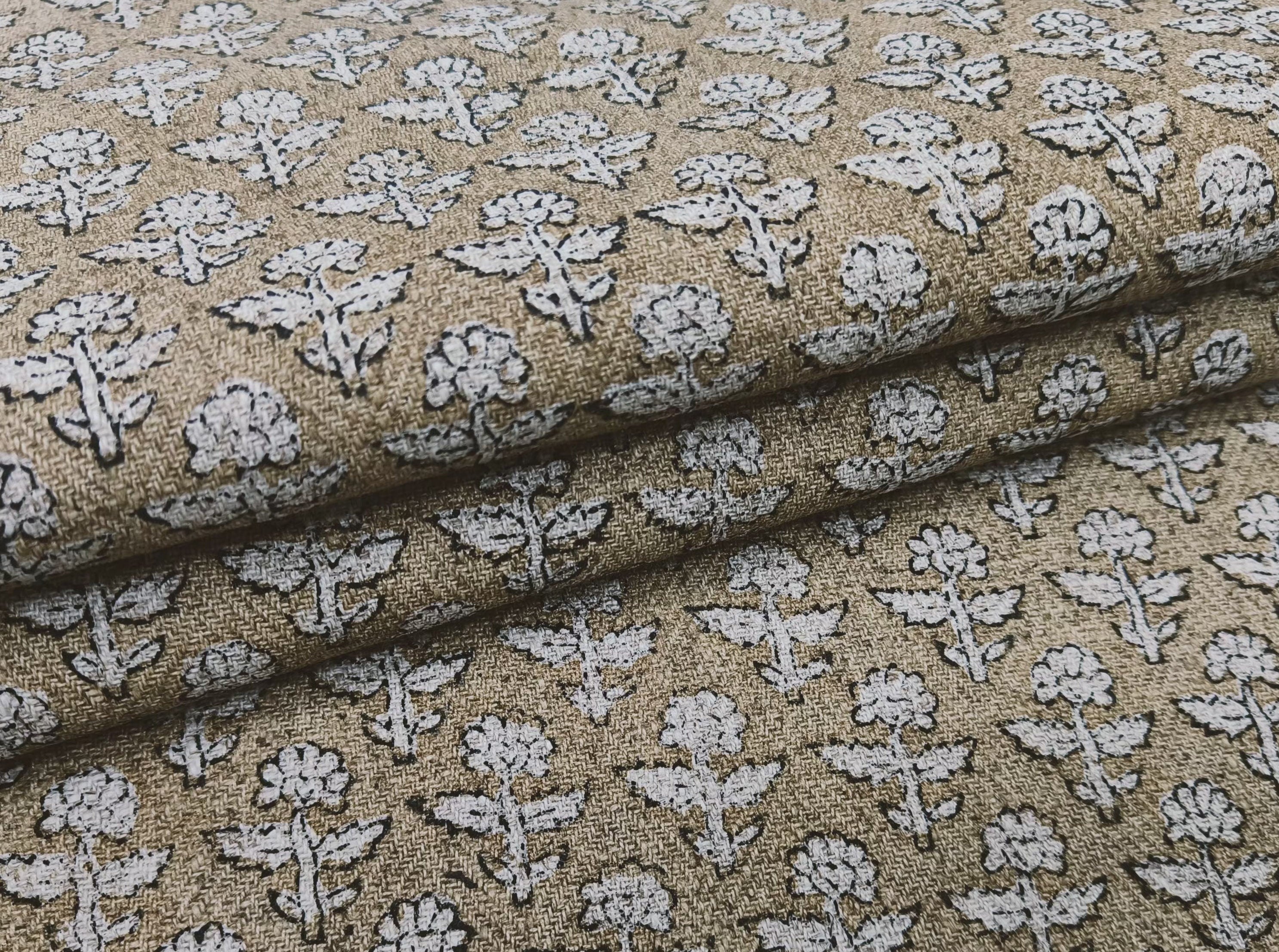 Gulmohar Brown  Sofa Upholstery, Chair Upholstery Block Print Linen Fabric, Strong & Waterproof Fabric, Light Brown Neutral Color Fabric