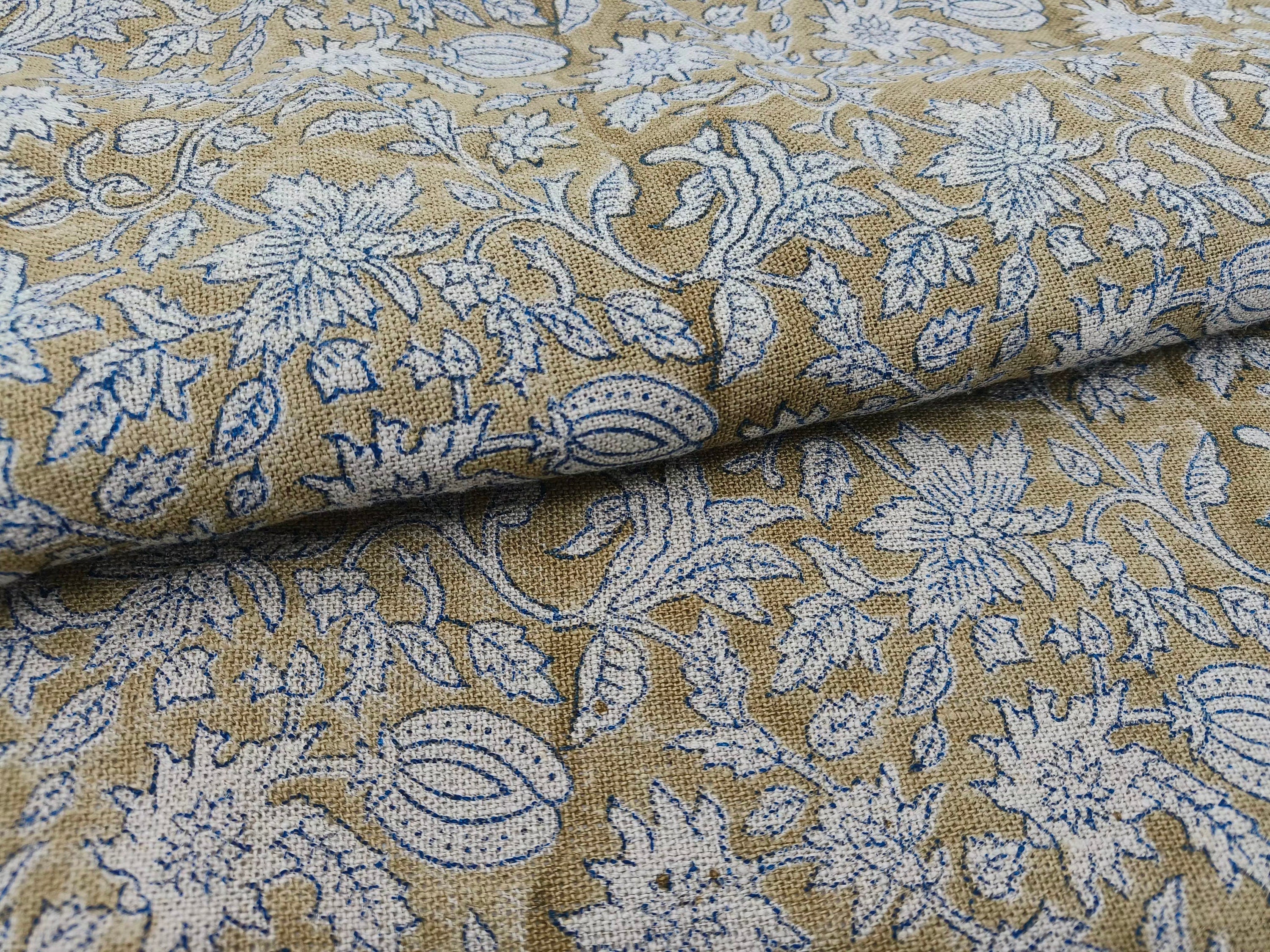 Block Print Linen Fabric, Manikarnika Sand Brown Color, Blue Color Block Print Linen Fabric For Cushion Cover And Sofa Upholstery, Thick Linen 360Gsm, Pillow Cover
