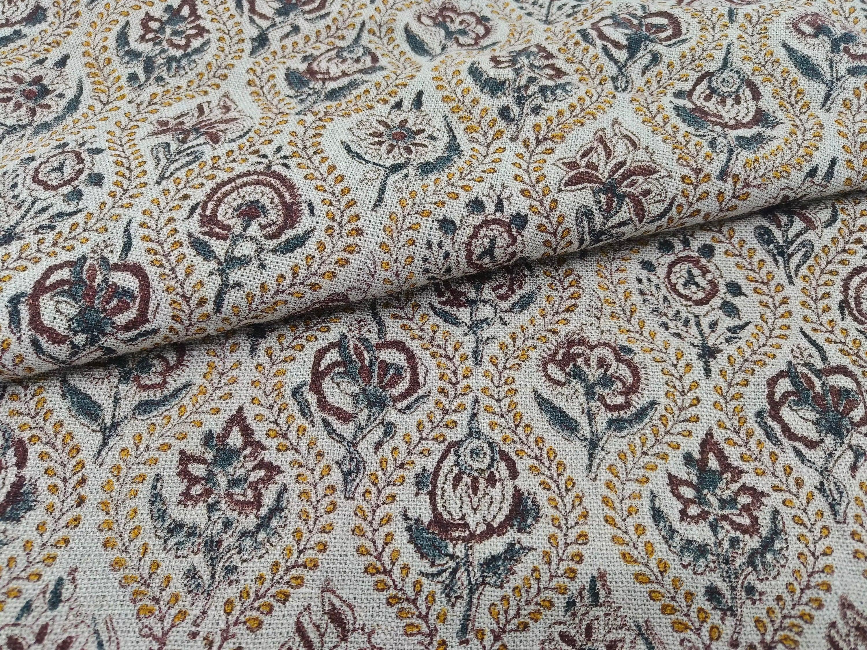 Amarbel  Sand Brown Floral Block Print Linen Fabric  Fabric By The Yard, Throw Pillow Cover Cushion Upholstery Cotton Linen