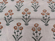 Amitabh Boota  Brown Floral Hand Block Print Linen, Designer Pillow Cushion Fabric, Modern Home Decor