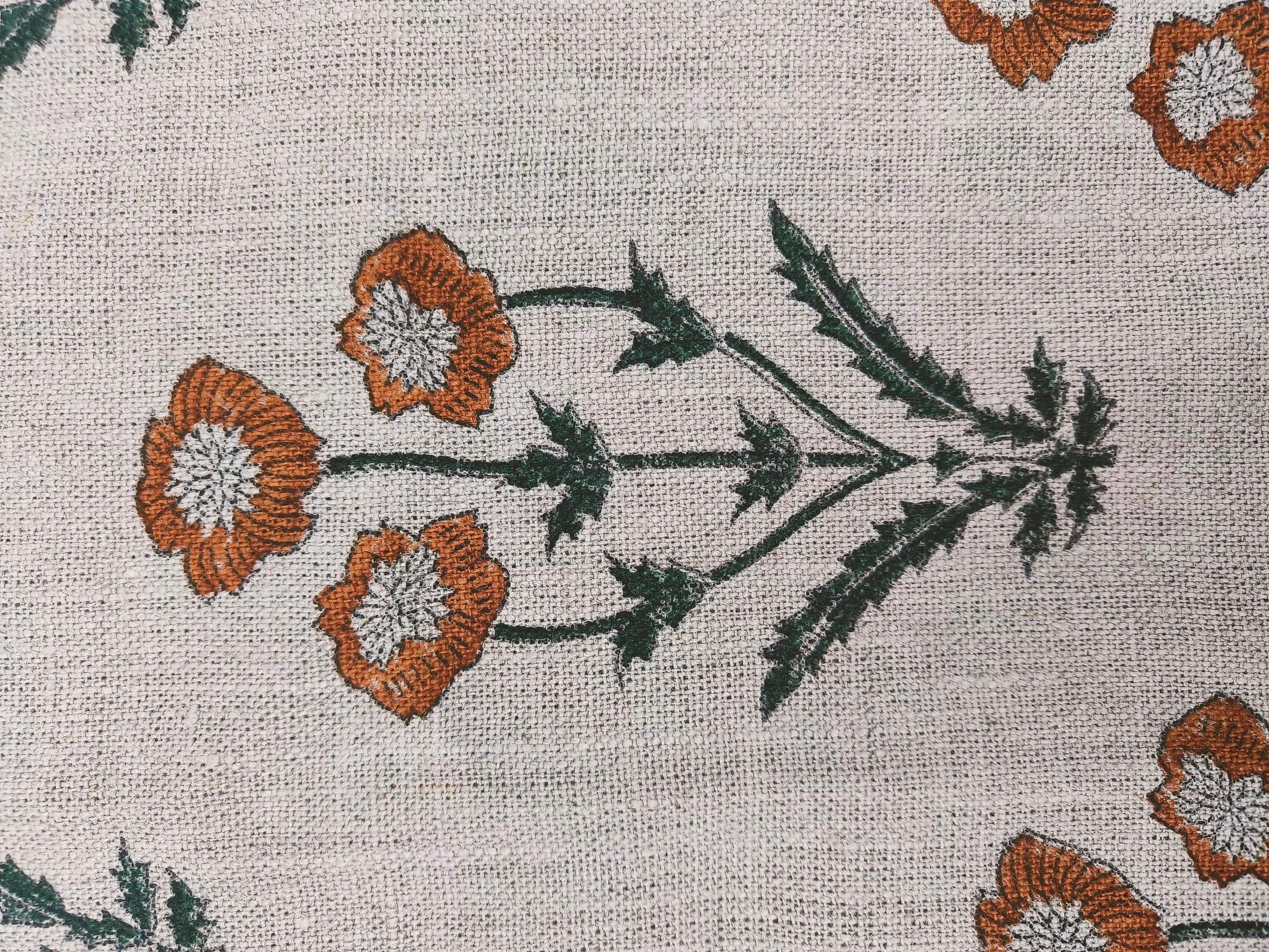 Amitabh Boota  Brown Floral Hand Block Print Linen, Designer Pillow Cushion Fabric, Modern Home Decor