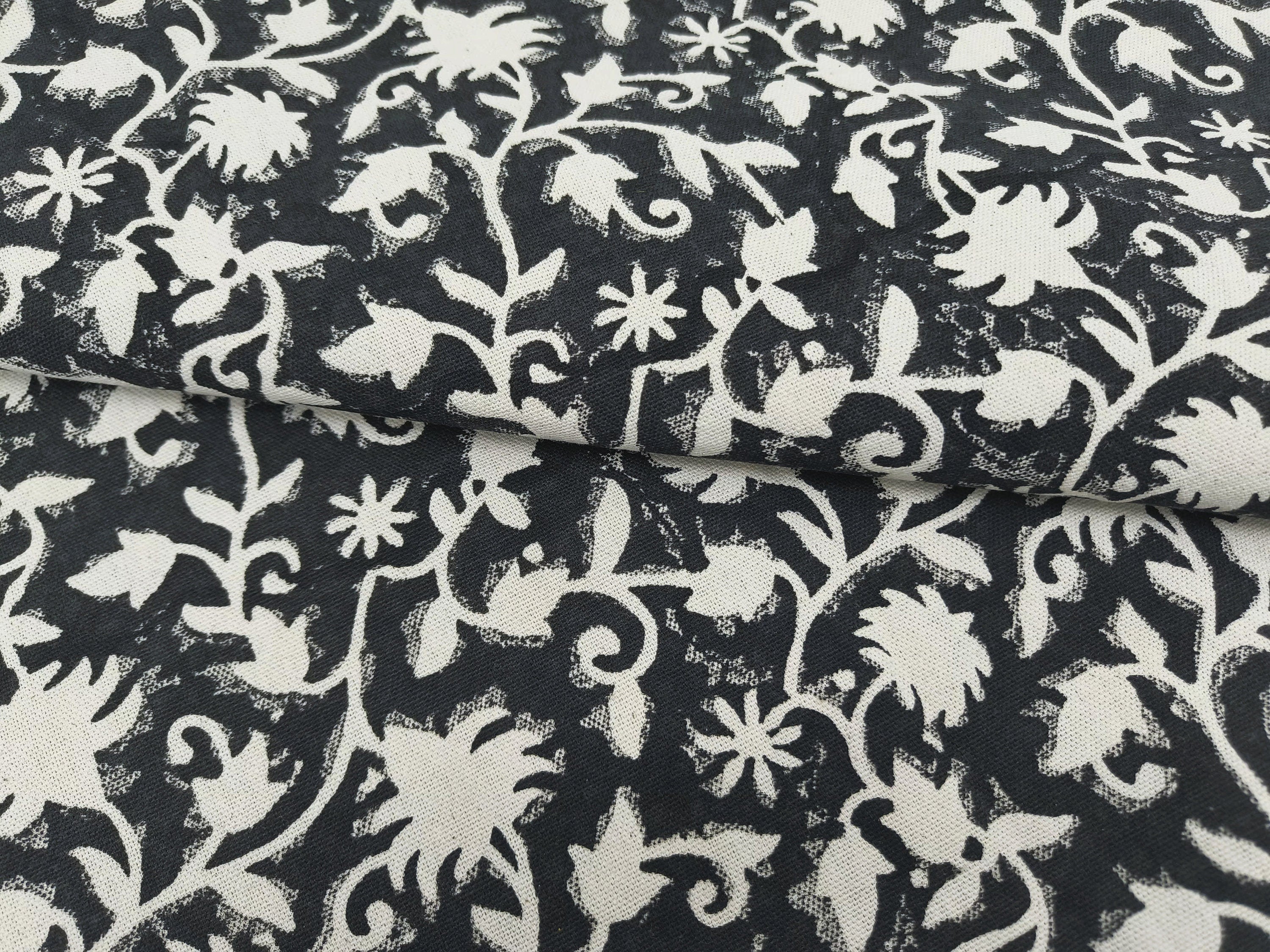 Block Print Linen Fabric, Zelly Fish Black  Hand Block Print Duck Canvas Linen  Heavy Weight Linen Fabric  Upholstery Fabric  Fabric By The Yard