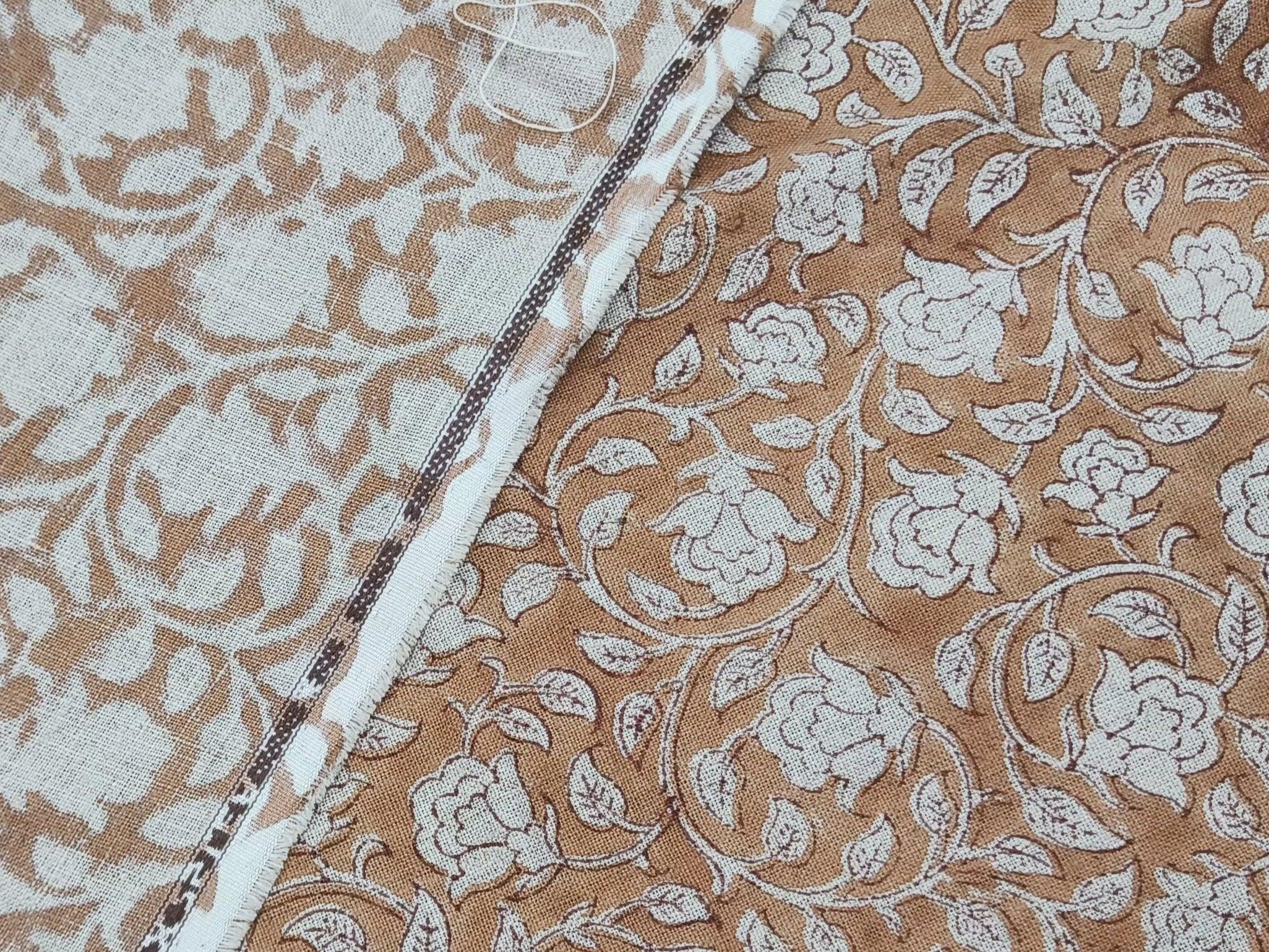 Amritvela Brown  Mini Floral Block Print  Indian Hand Block Print  Natural Pure Linen Fabric   Pillow,Cushion,Upholstery