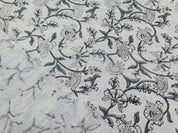 Jal Dhara  Gray Black Block Print Linen Fabric, Floral Print Fabric, Block Print Fabric By The Yard, Indian Linen Handloom