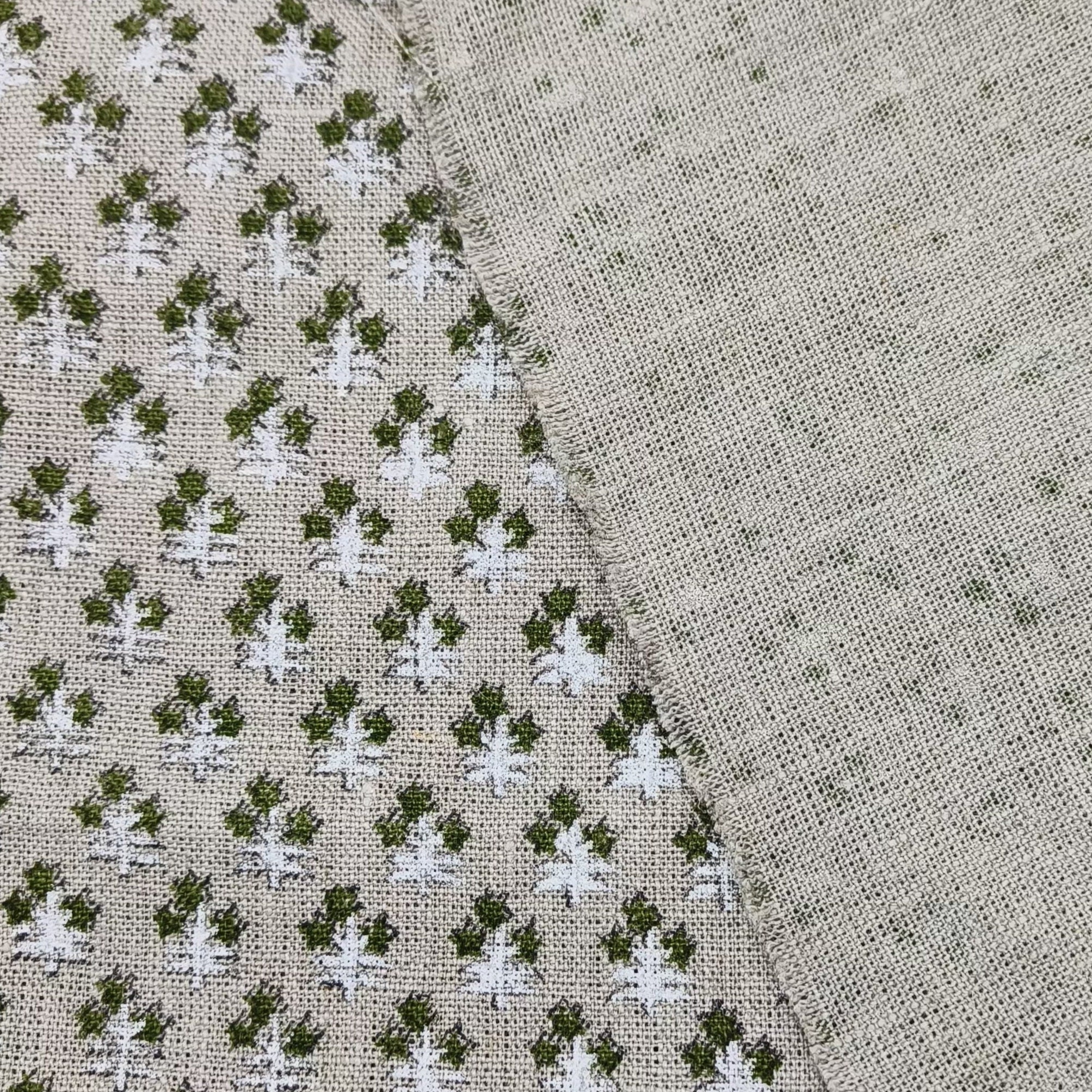 Block Print Linen Fabric, Keseria Green  Linen Hand Block Print  Floral Green And White Color  Heavy Handloom Indian Linen   58"Wide Thick Linen Running Fabric