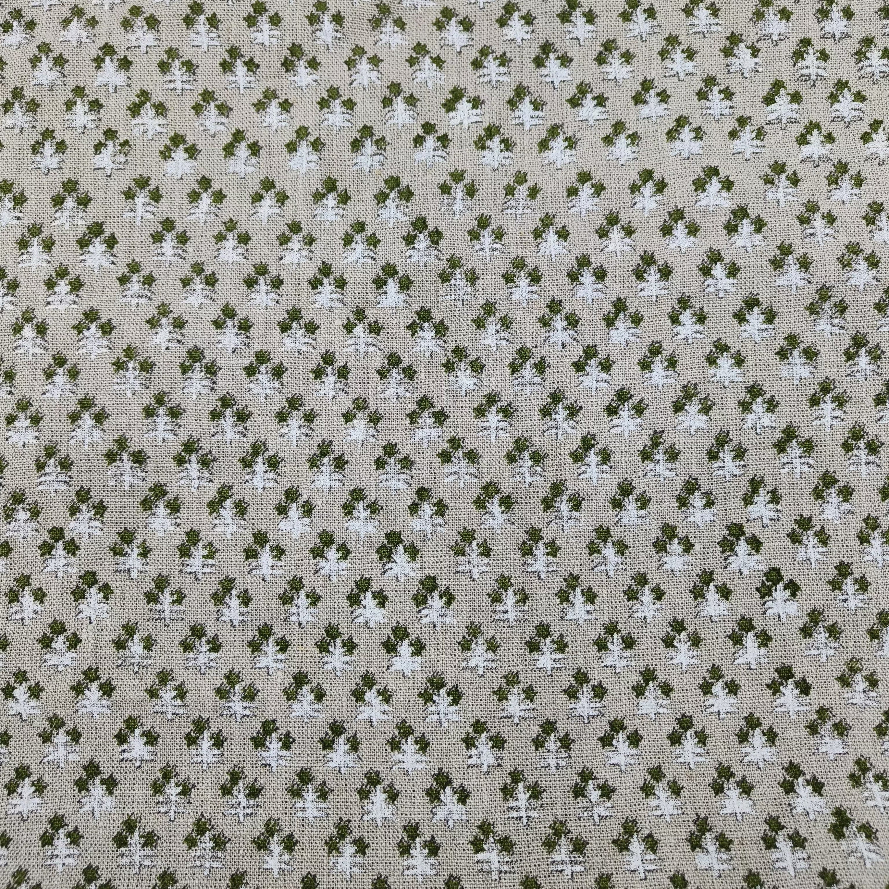 Block Print Linen Fabric, Keseria Green  Linen Hand Block Print  Floral Green And White Color  Heavy Handloom Indian Linen   58"Wide Thick Linen Running Fabric