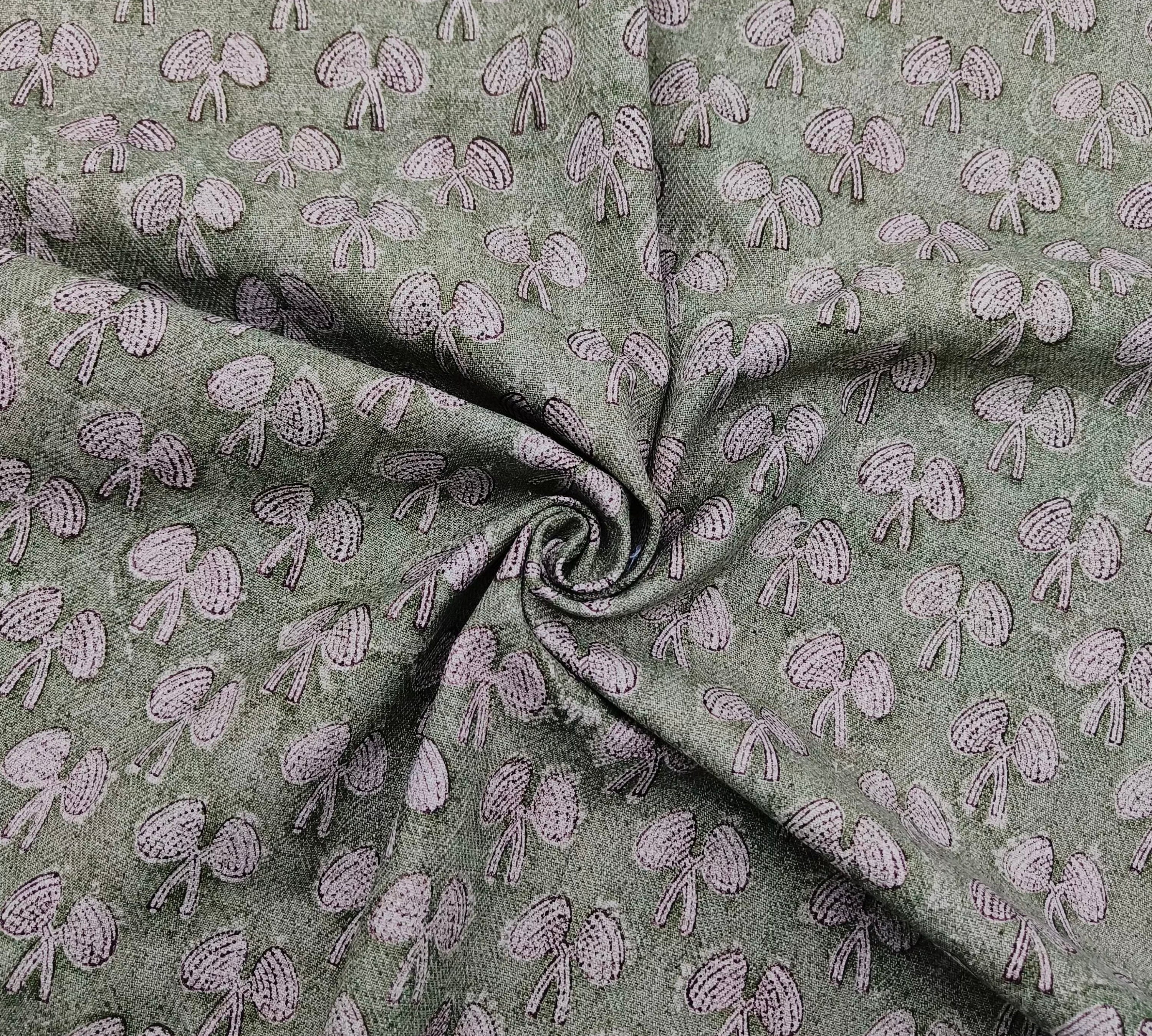 Block Print Linen Fabric, Mushroom Light Green Floral Block Print Linen Fabric, Sewing Pillow Making, Upholstery Cotton And Linen, Home Decor