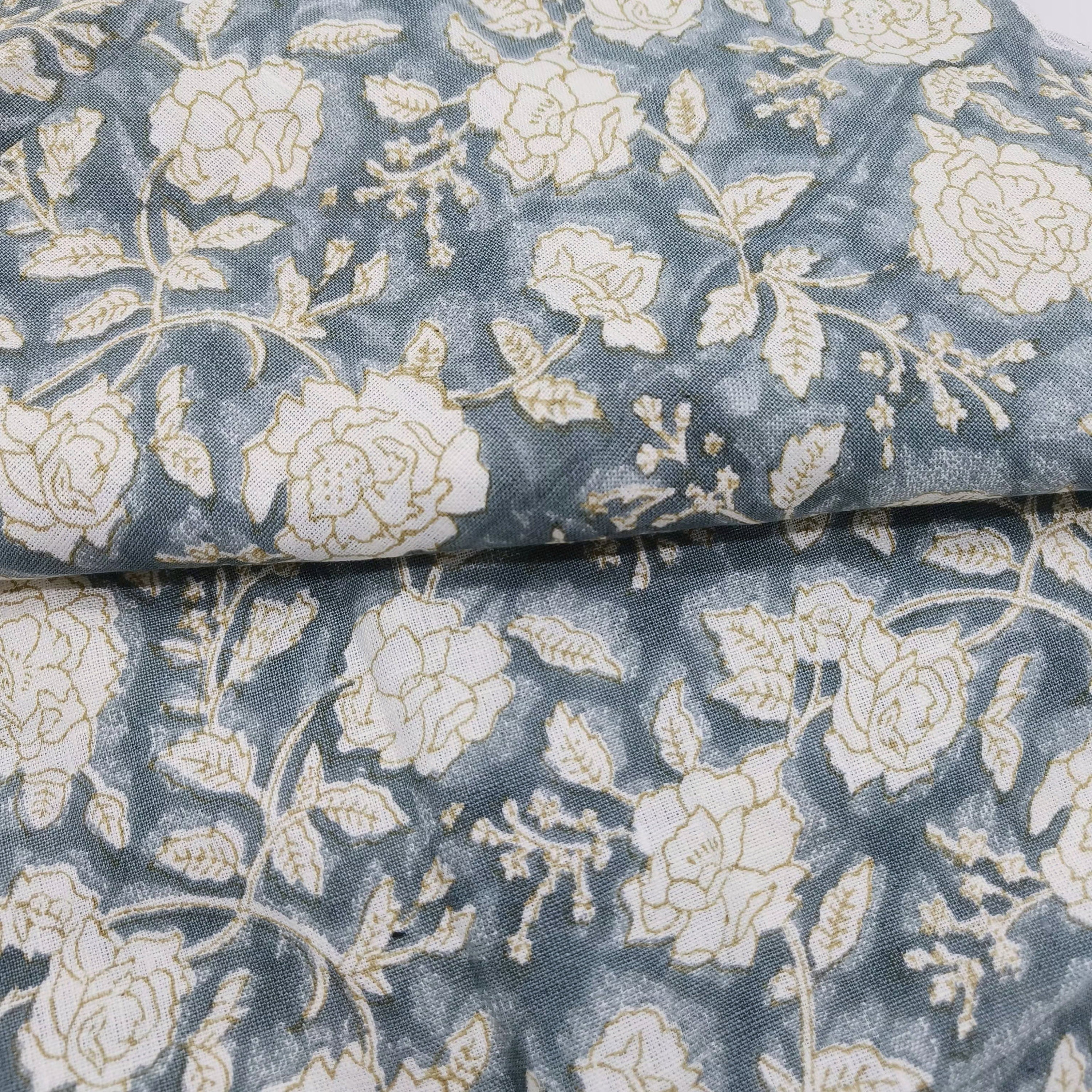 Block Print Linen Fabric, Rameshwaram  White Base Linen For Upholstery, Home Decor Linen, Linen By The Yard, Greyish Blue Colour Design, Home Docor And Gift