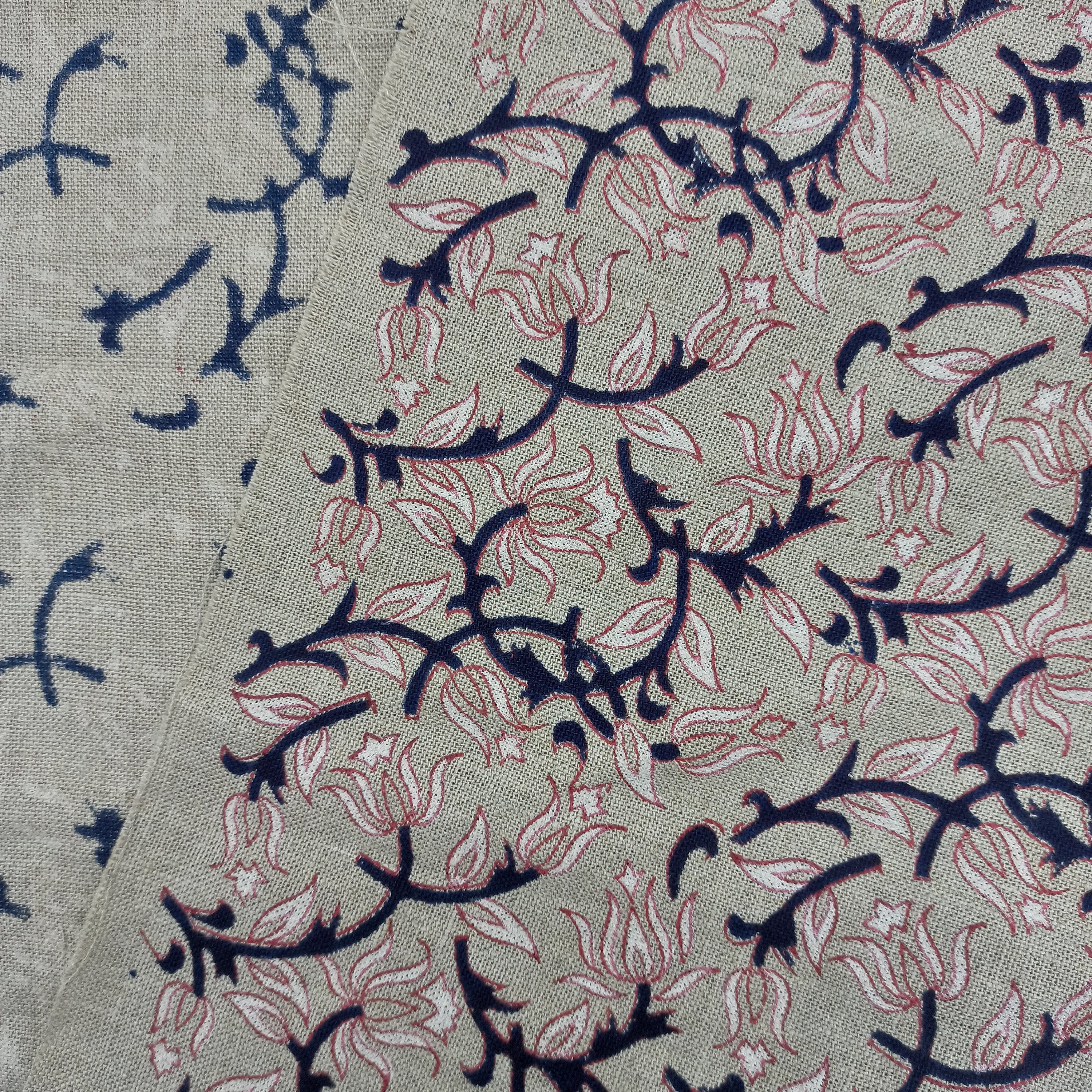 Block print Thick linen fabric, hand stamped, floral pattern, linen textile, Organic Linen, Hand Made Print- Kamal Dutta