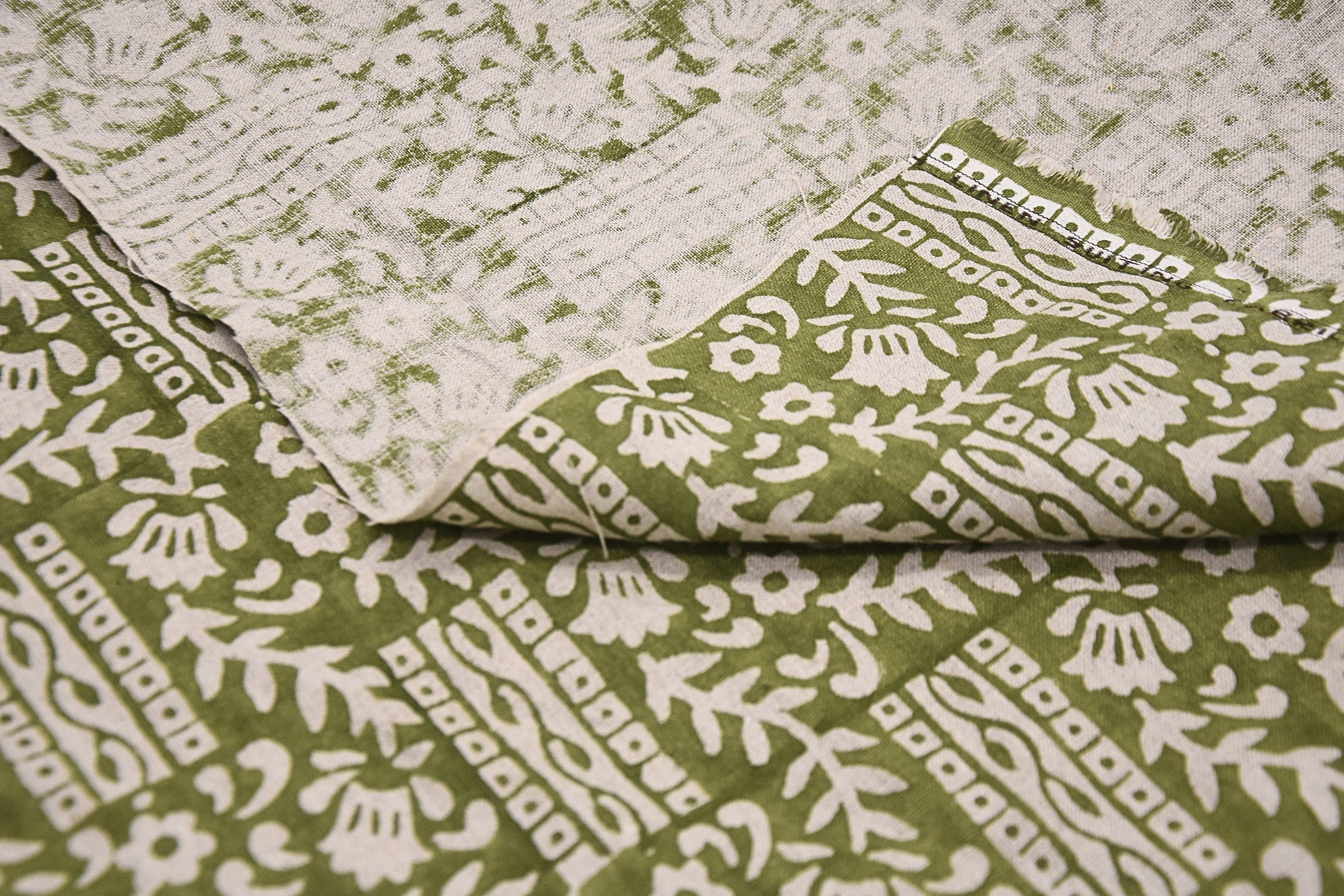 Block Print Pure Linen 58" Wide, luxury fabric Linen, Indian home decor, floral pattern, Organic Linen - Mumtaj, green