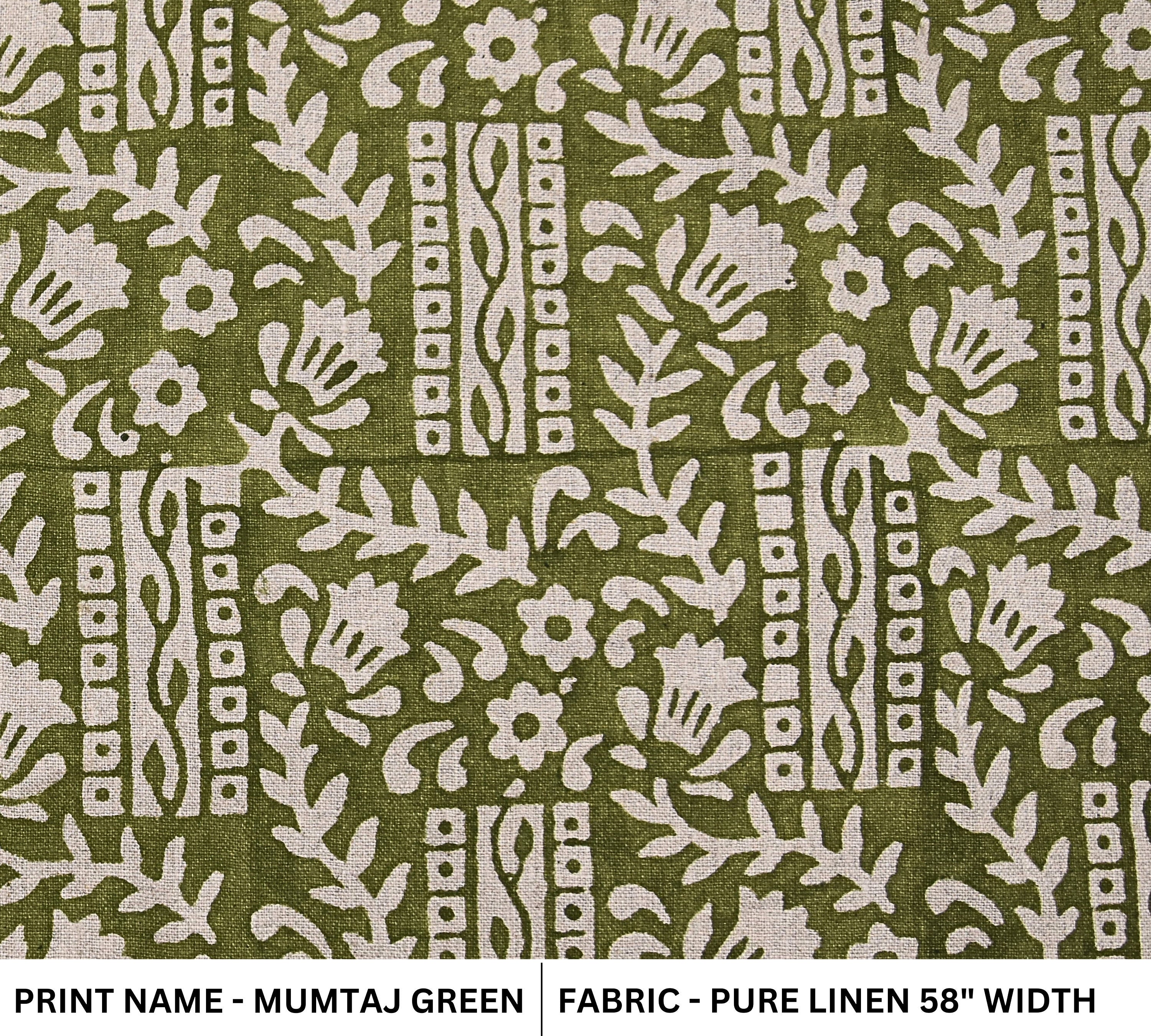 Block Print Pure Linen 58" Wide, luxury fabric Linen, Indian home decor, floral pattern, Organic Linen - Mumtaj, green