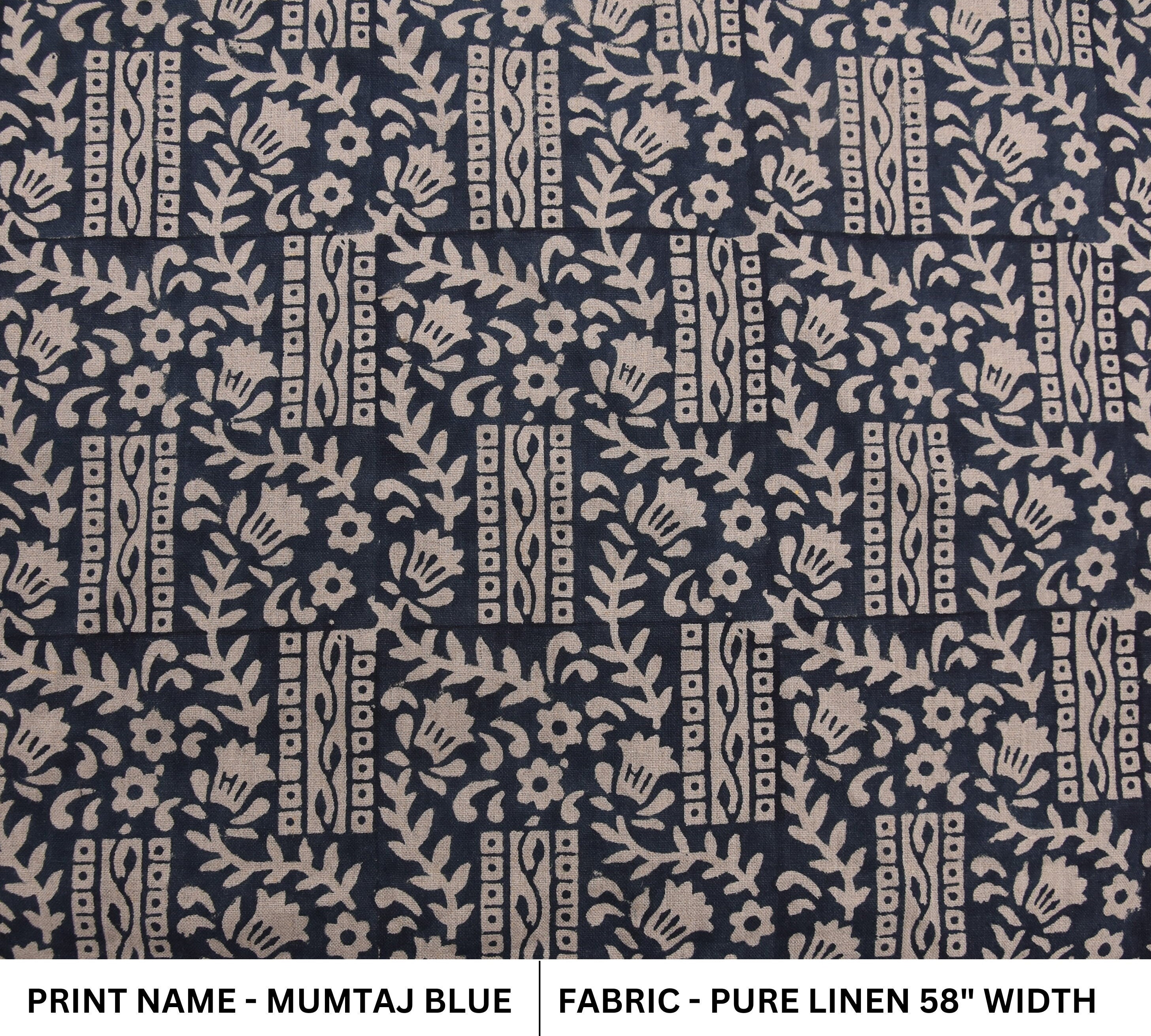 Pure Linen 58" wide, Hand Block Print, luxury Linen fabric, upholstery indian fabric, handloom cushion  - Mumtaj Blue