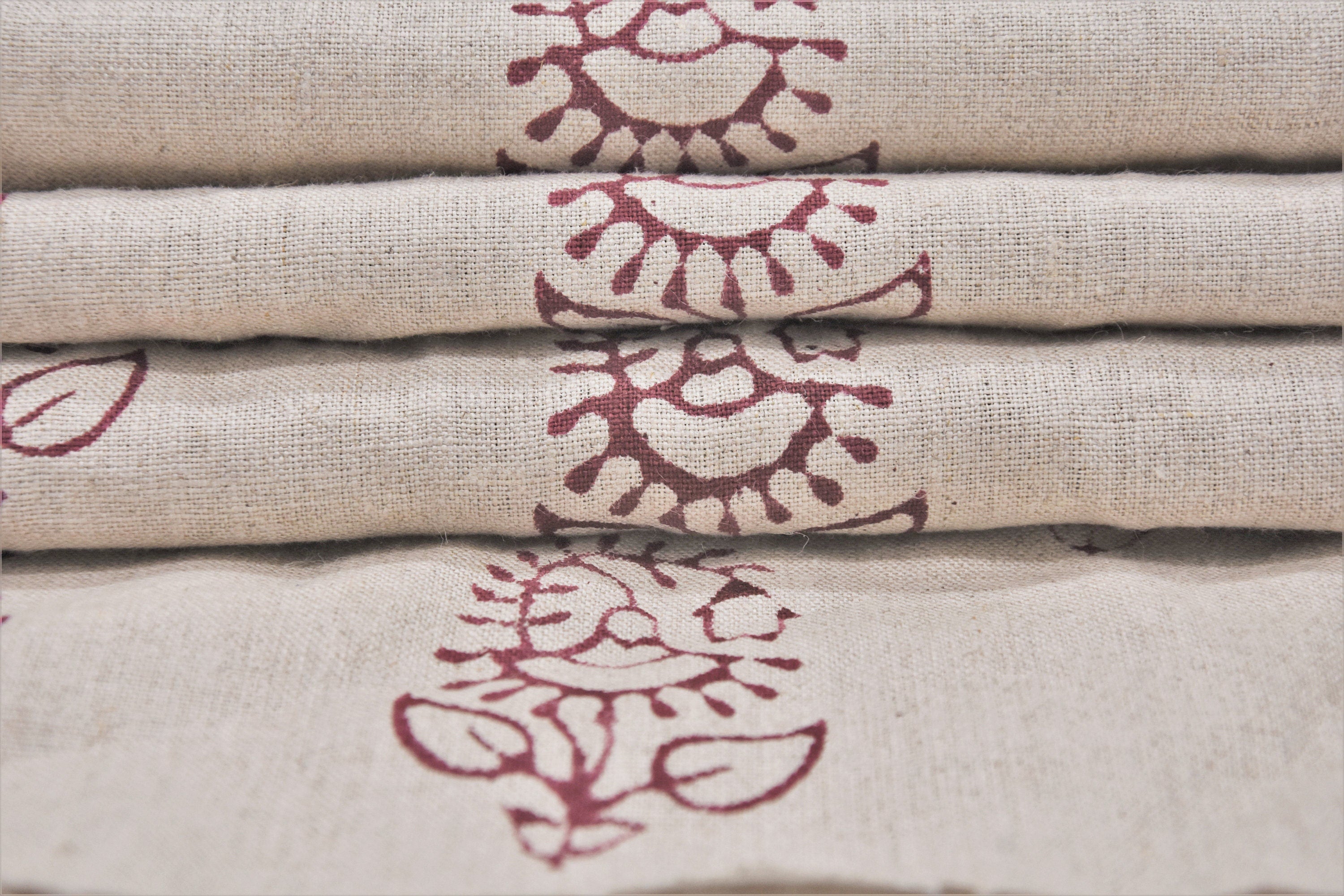 Block Print Pure Linen 58" Wide Indian fabric, Red brown Upholstery Fabric, Curtain Linen By The Yard - Zuri Rust