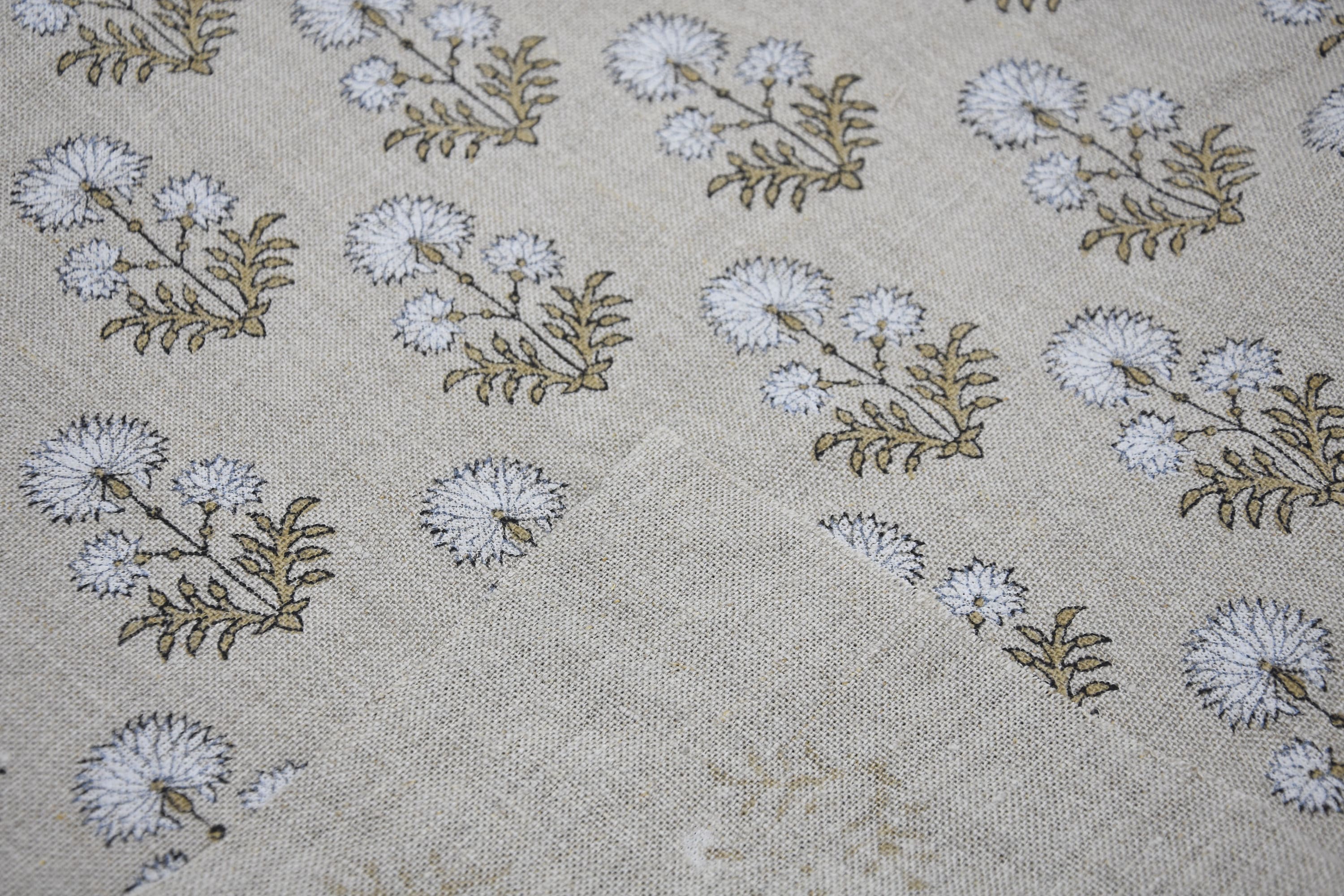 Block Print Thick Linen 58" Wide, Natural Fabric, Floral, Indian Cushion Cover, White Floral, decorative pillow - Rishi