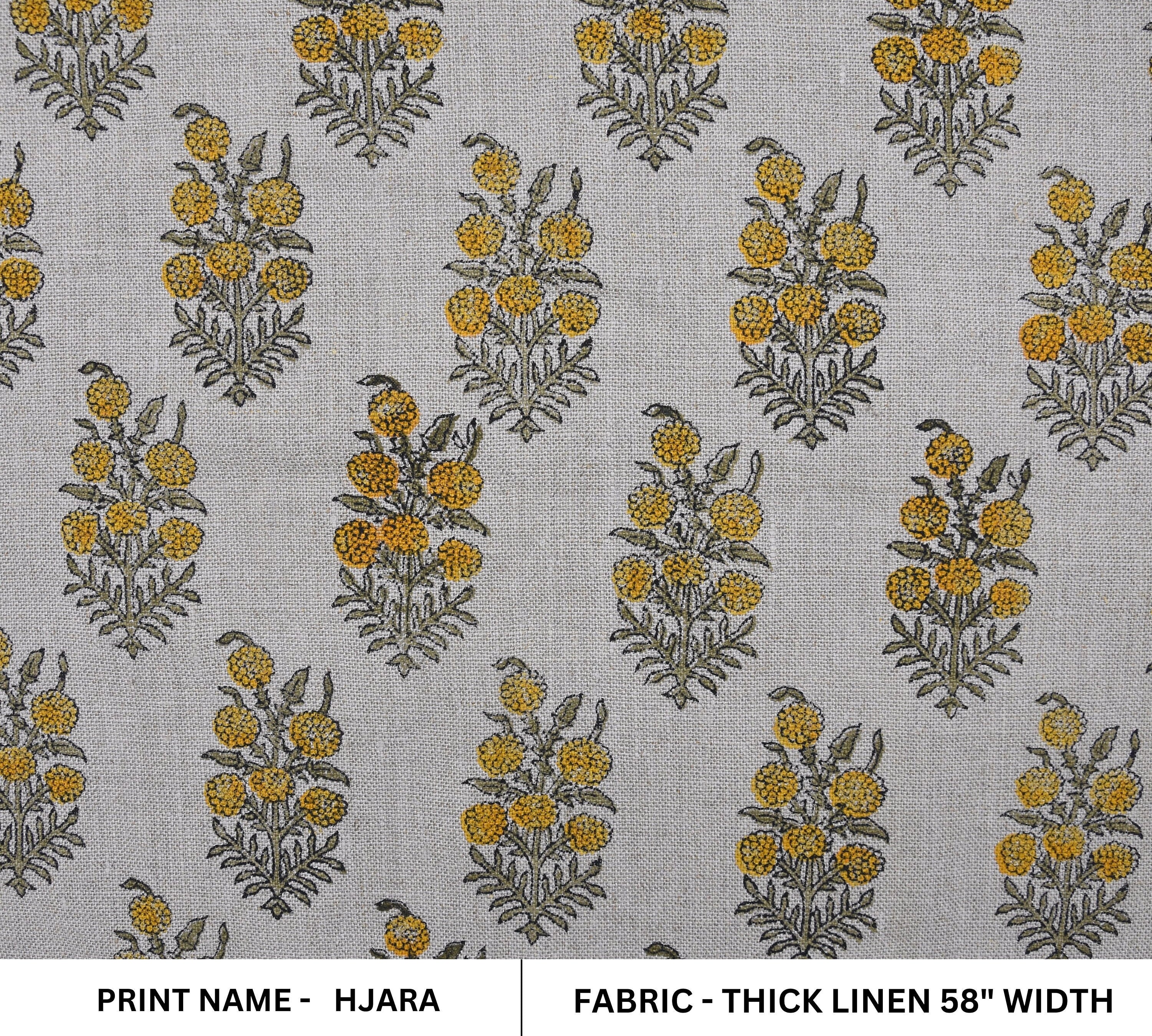 Block Print Thick Linen 58" Wide, Natural Fabric, Floral, Indian Cushion Cover, Yellow Floral, decorative pillow - Hjara