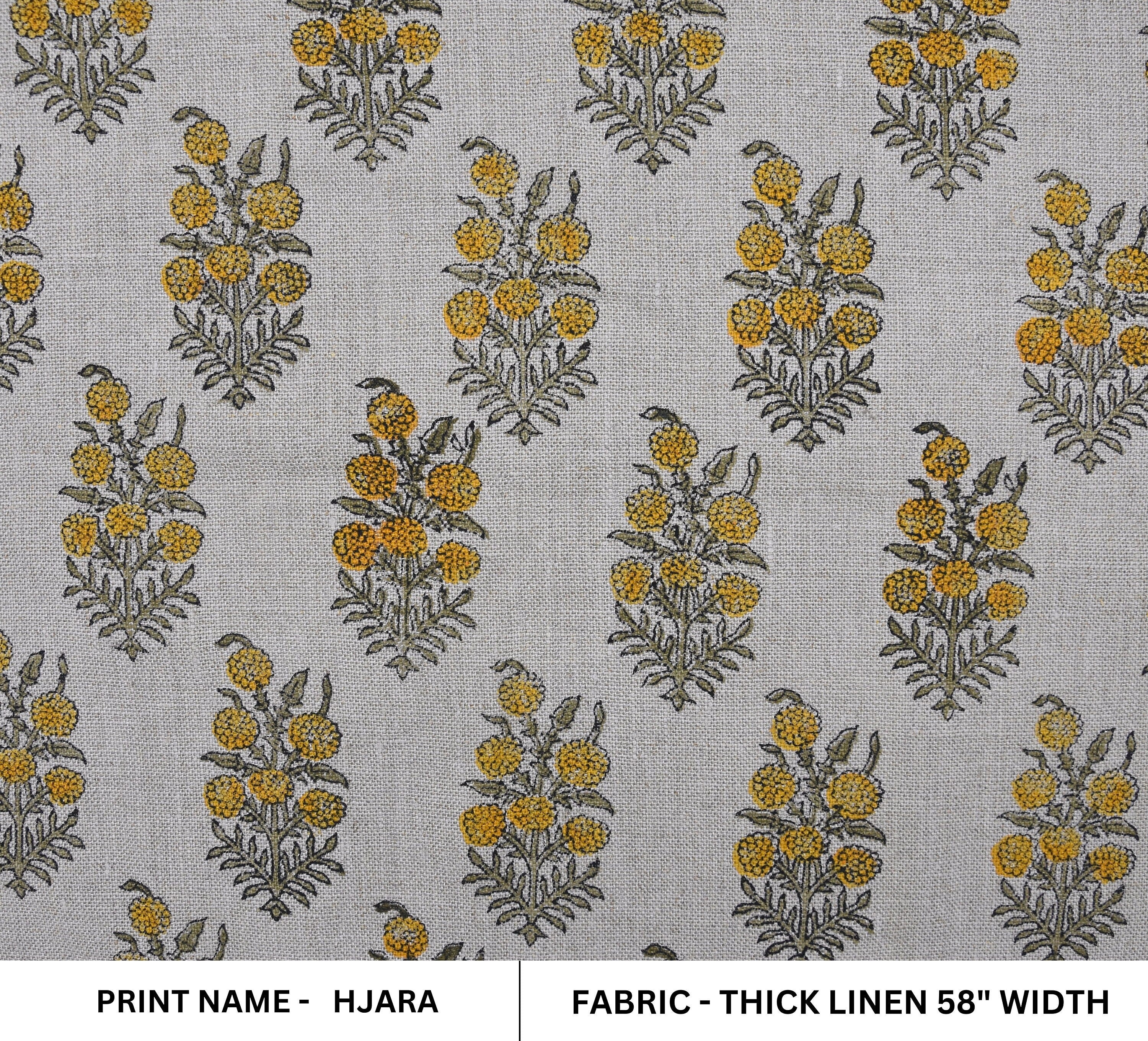 Block Print Thick Linen 58" Wide, Natural Fabric, Floral, Indian Cushion Cover, Yellow Floral, decorative pillow - Hjara