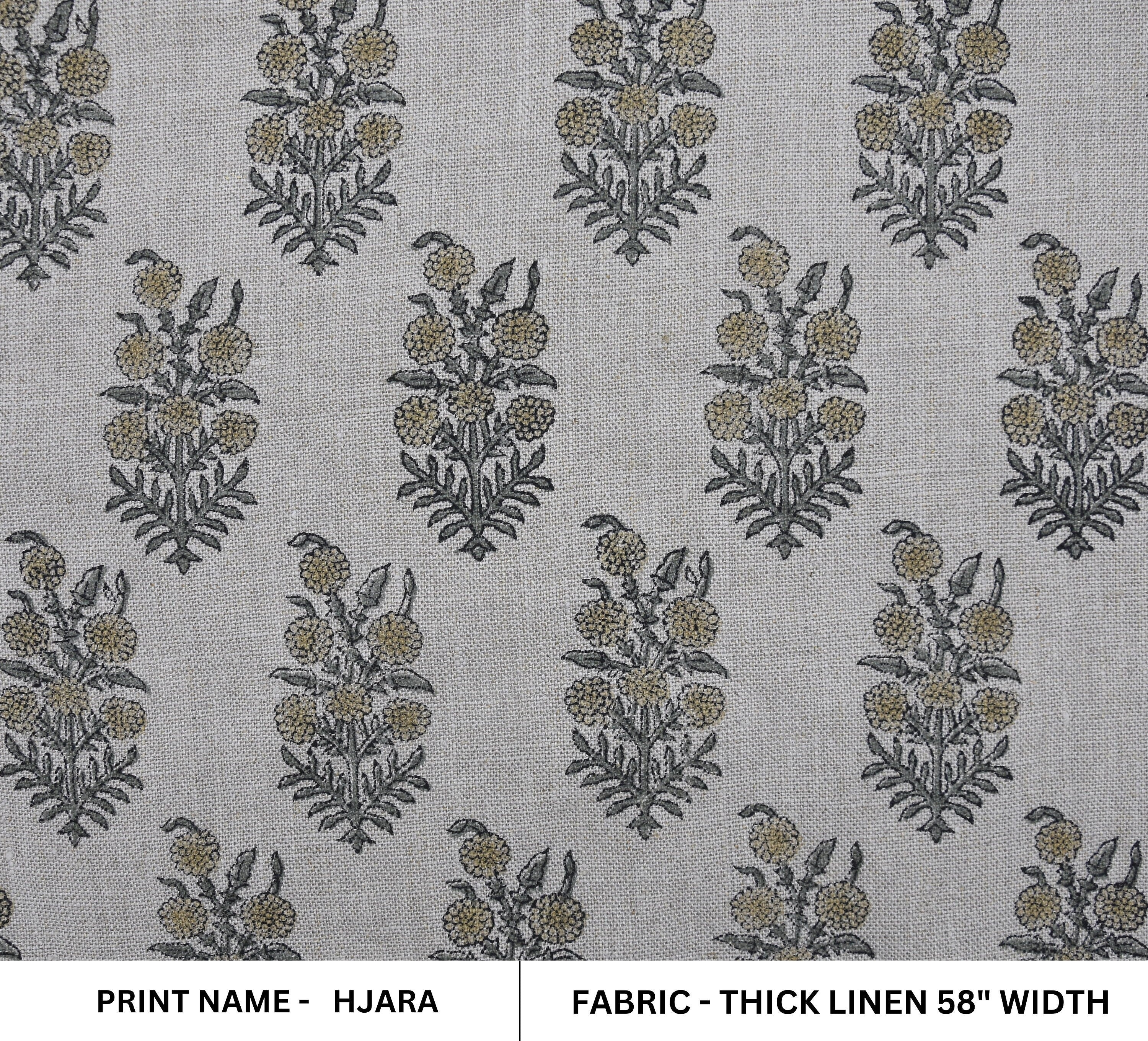 Block Print Thick Linen 58" Wide, Floral Fabric, Indian Cushion Cover, Farmhouse, Mustard Fabric, Throw Pillow - Hjara