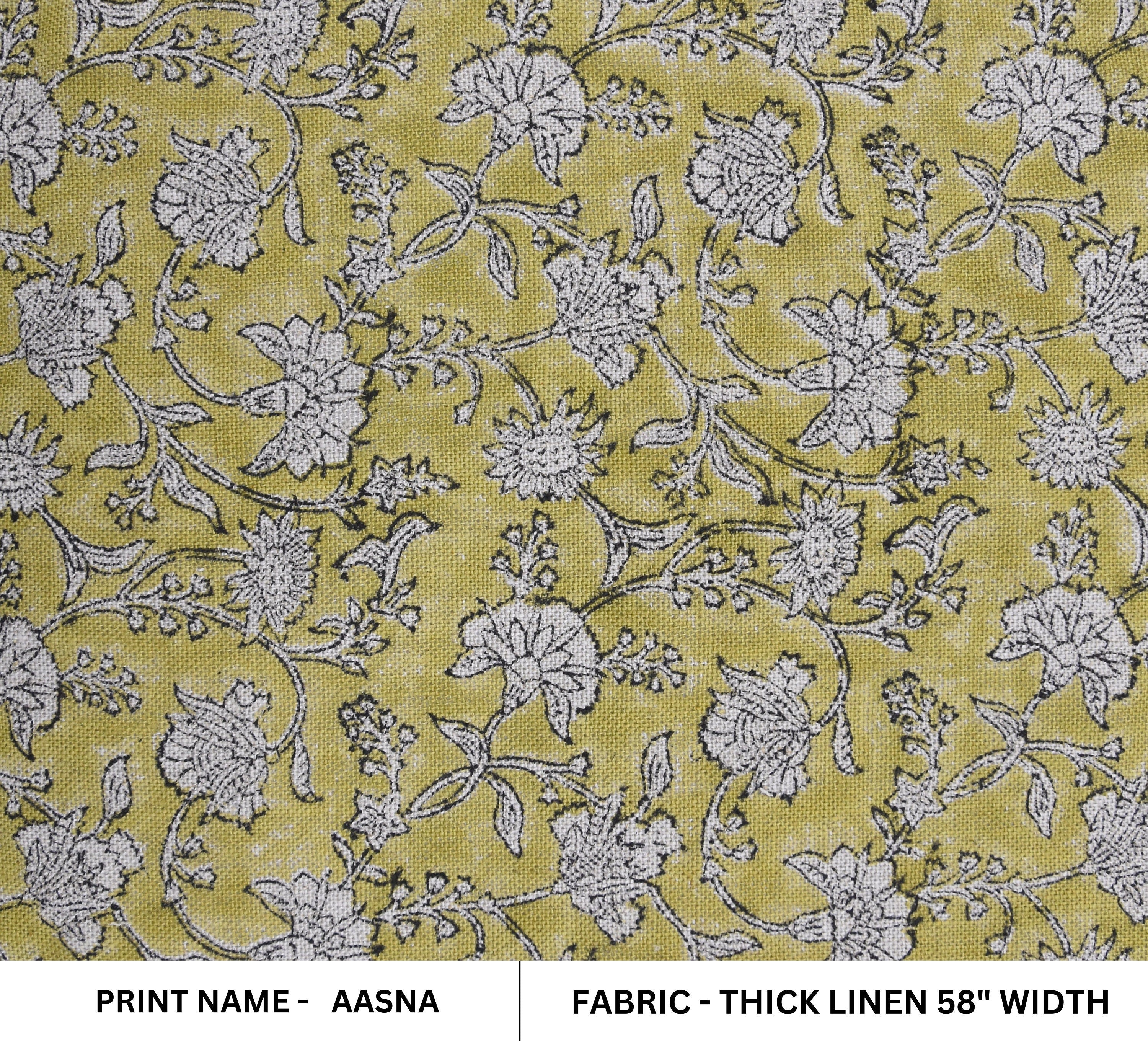 Block Print Thick Linen 58" Wide, Genuine Fabric, Floral, Indian Cushion Cover, Mustard Fabric, decorative pillow - Aasna