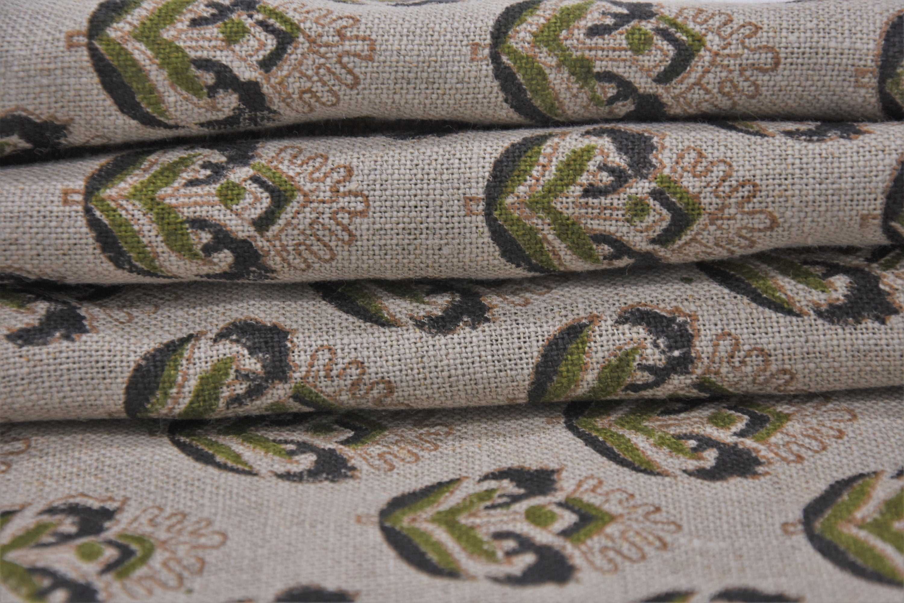 Block Print Handloom Thick Linen 58" Wide Fabric, Upholstery Fabric, Pillow Cover, Natural Colour, Home Decor - Crown