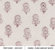 Block Print Pure Linen 58" Wide Indian fabric, Red brown Upholstery Fabric, Curtain Linen By The Yard - Zuri Rust