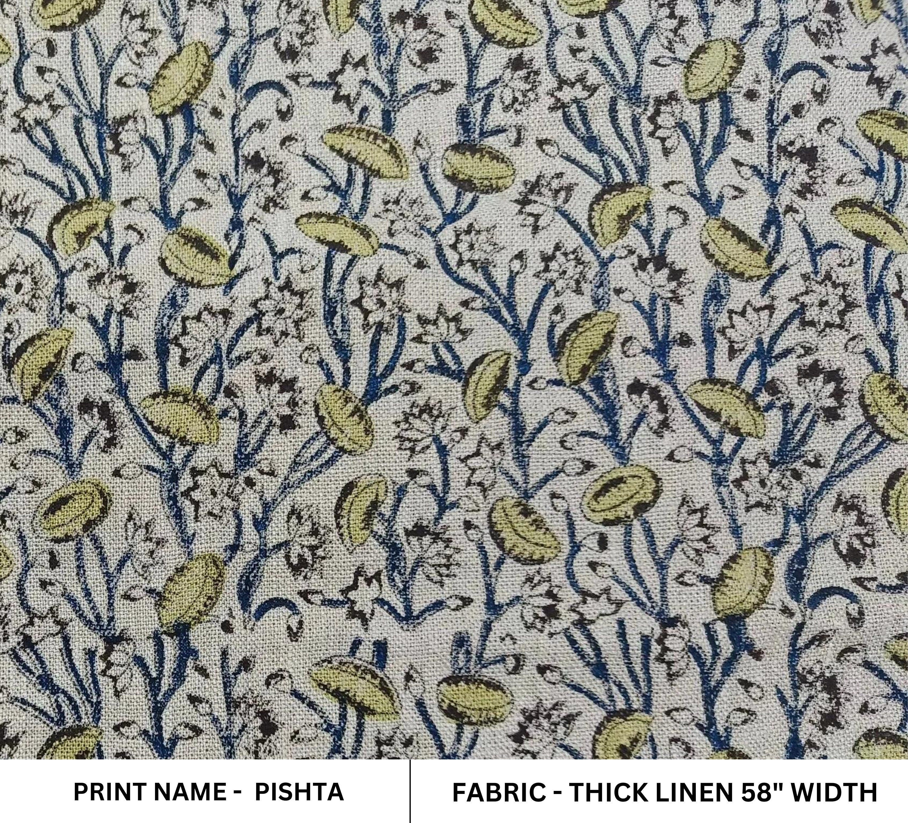 Hand Block Print, Thick Linen 58" Wide, Indian Cushion Cover, Pillow Cover, Sofa and Table Cloth, Pistachio Print - PISHTA