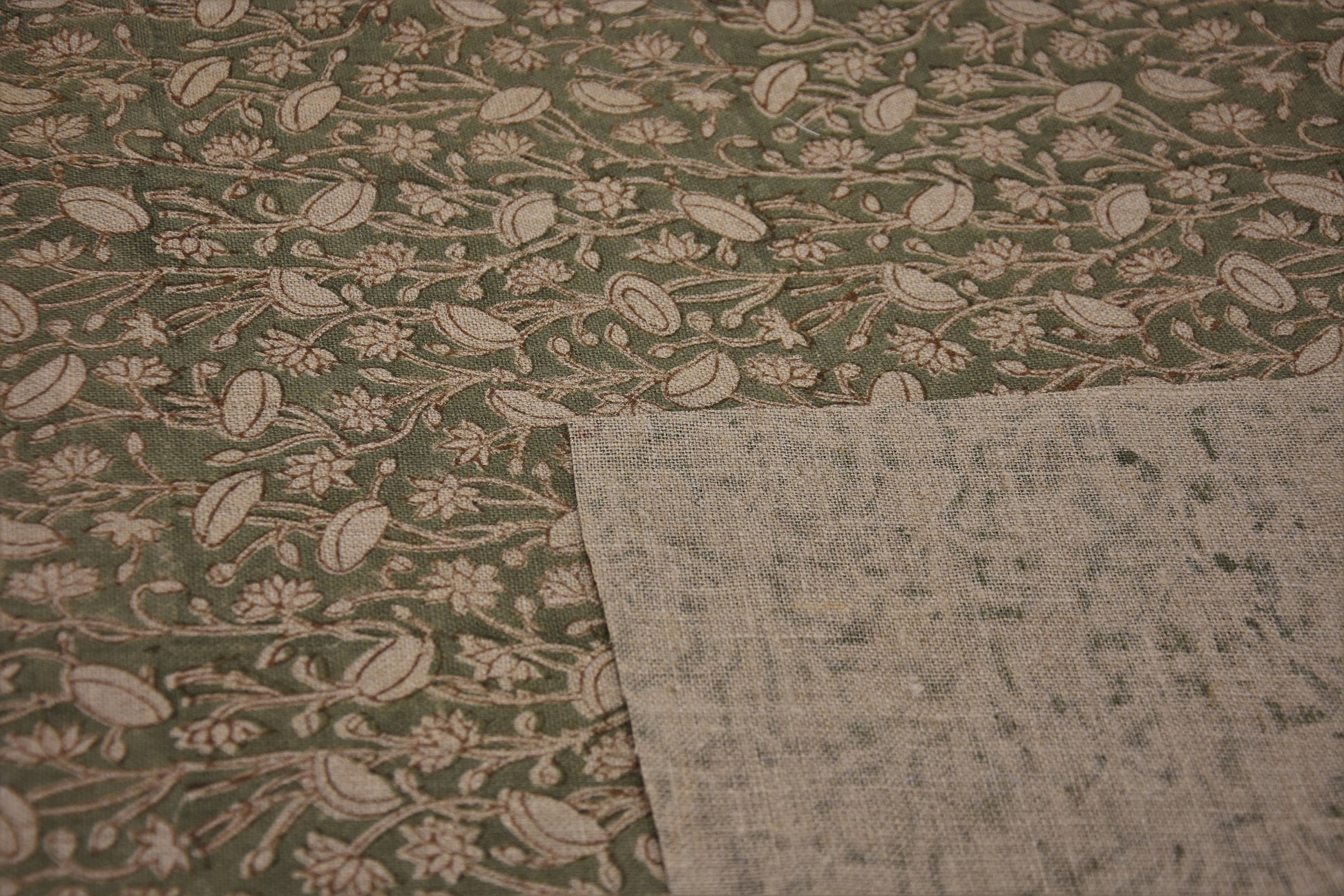 Thick Linen 58" Wide, Indian Fabric, Handmade, Pillow Cover, Sofa and Table Cloth, Pistachio Print, Block Print,  - PISHTA