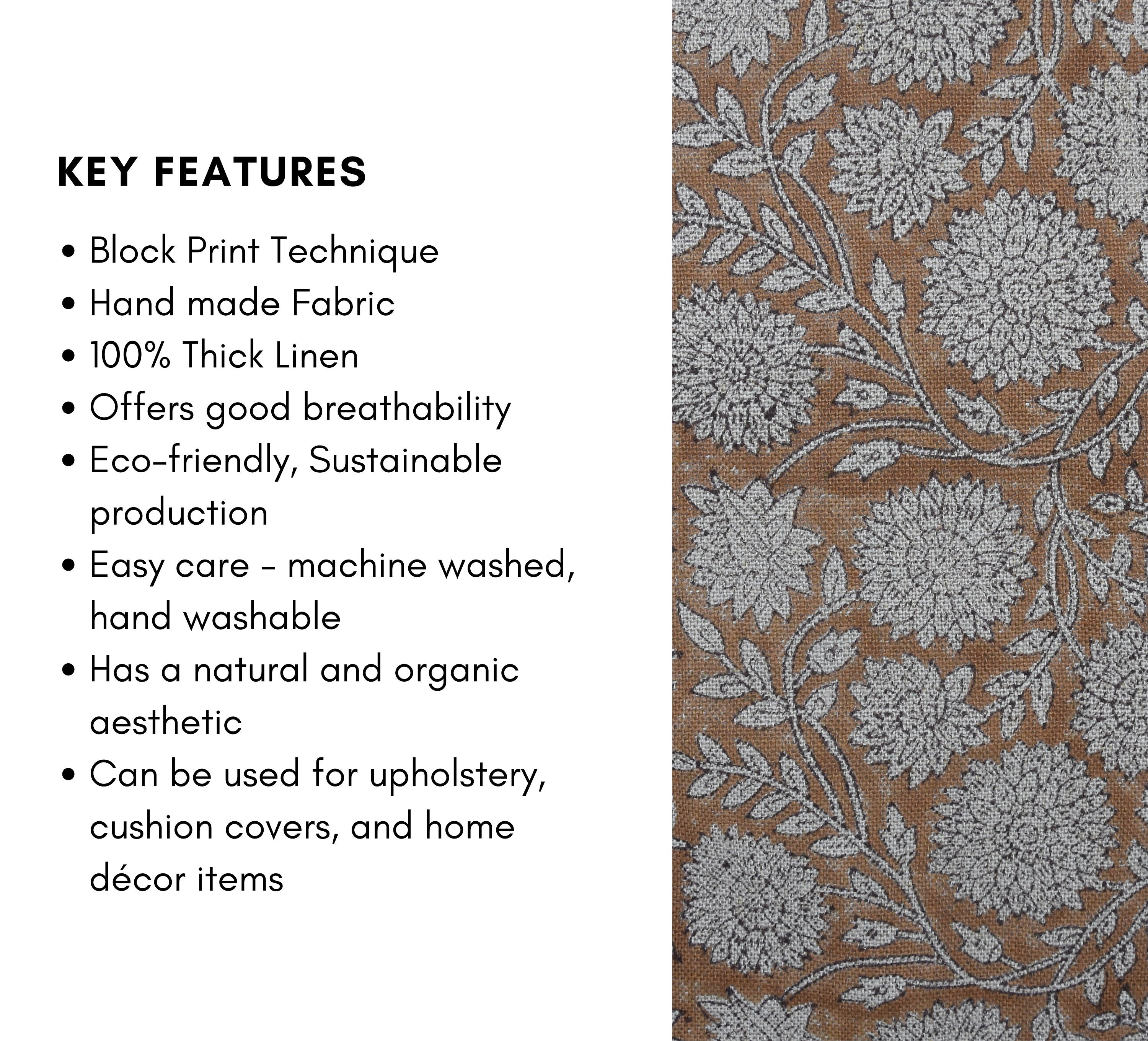 Hand Block Print Thick Linen 58" Wide, Table Curtain Cover, Genuine Fabric, Brown Floral, Indian Cushion Cover - Rajat