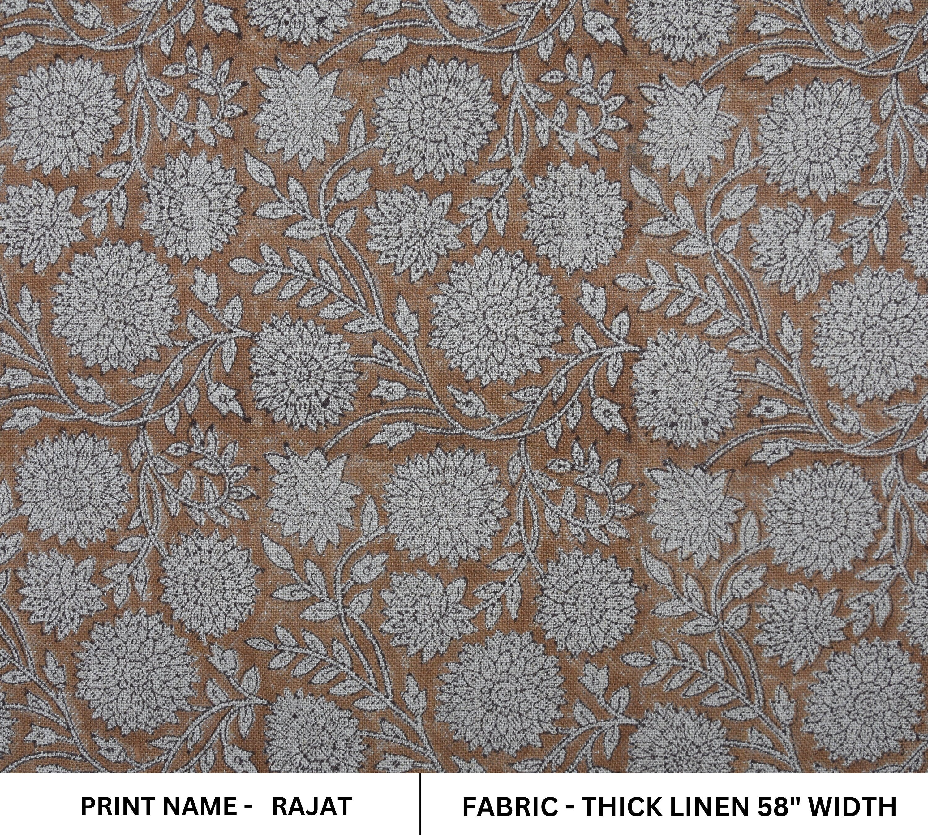 Hand Block Print Thick Linen 58" Wide, Table Curtain Cover, Genuine Fabric, Brown Floral, Indian Cushion Cover - Rajat