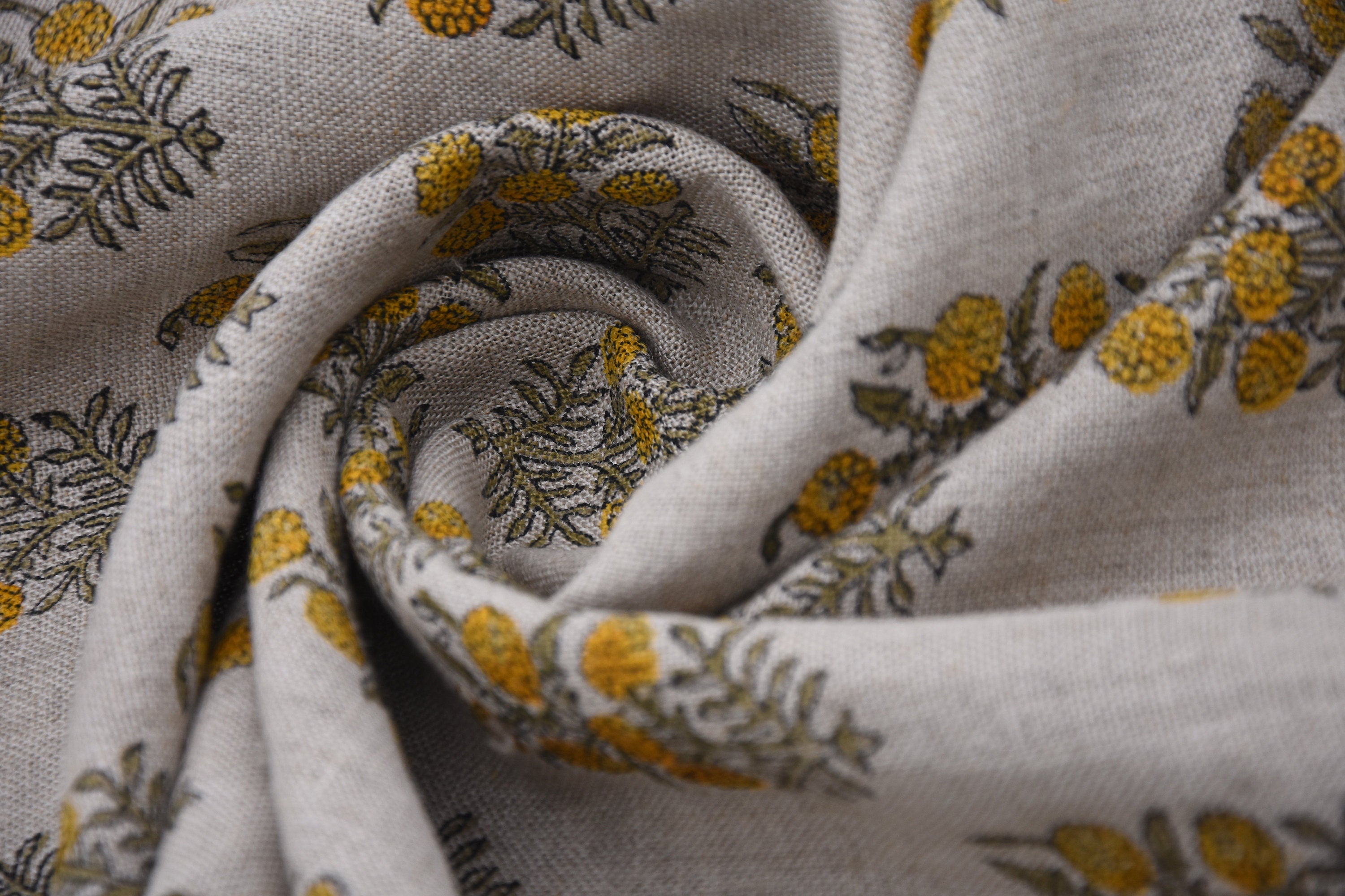 Block Print Thick Linen 58" Wide, Natural Fabric, Floral, Indian Cushion Cover, Yellow Floral, decorative pillow - Hjara