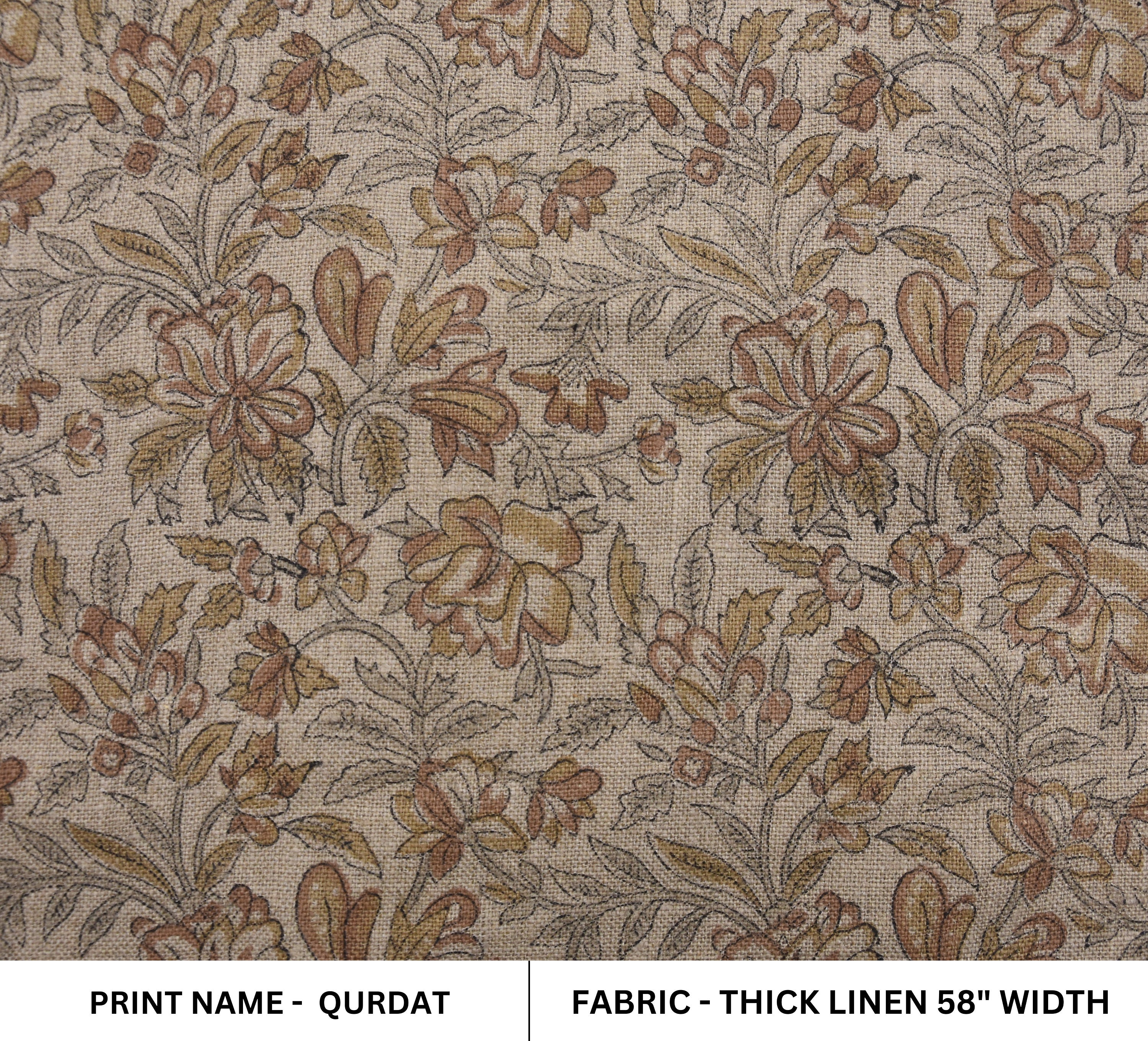 Hand block Thick Linen 58" Wide, Linen the Yard, Floral Fabric by The Yard, Upholstery Cushion Cover Fabric - QUDRAT