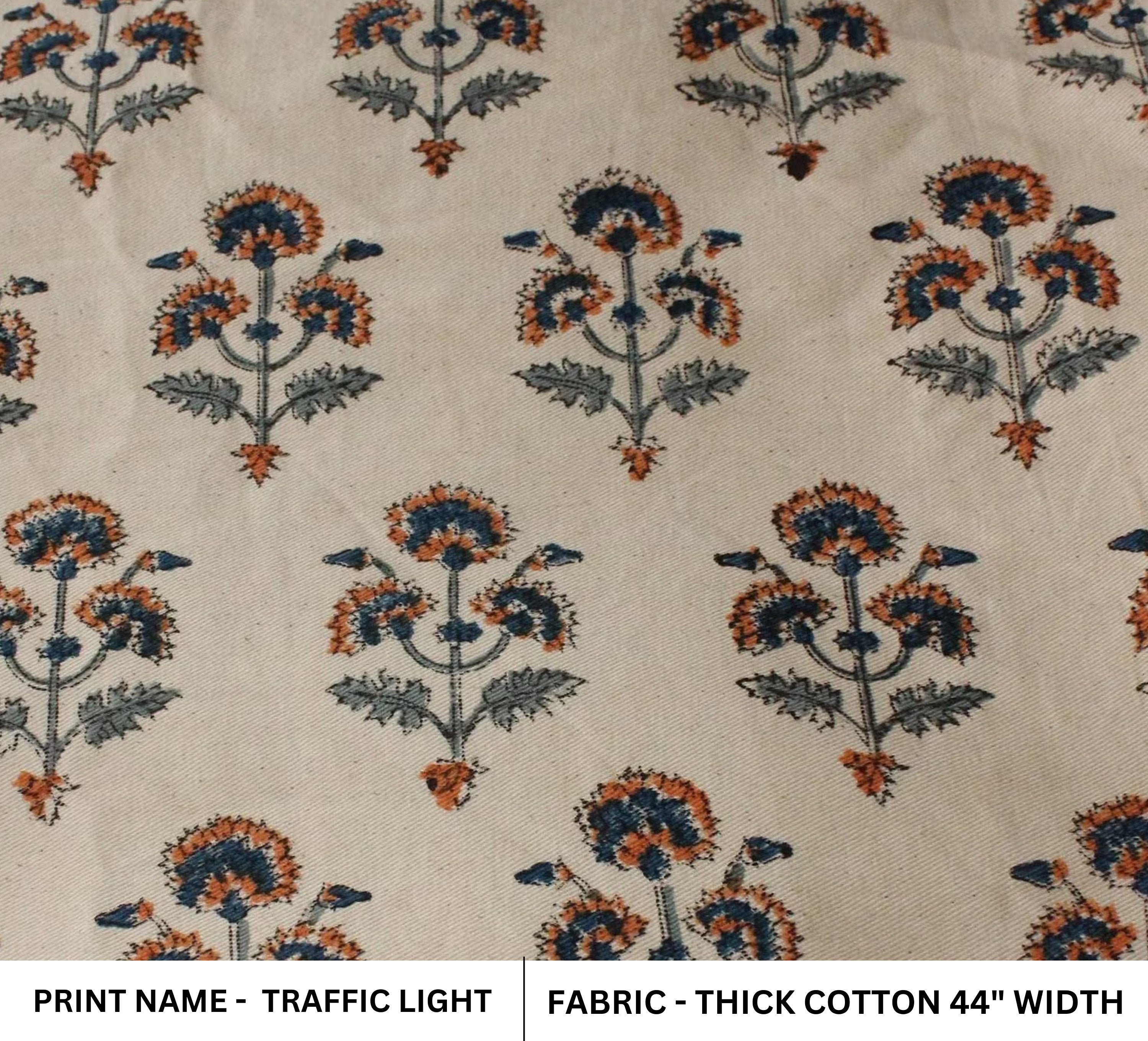 Thick Cotton 44" Wide, Block Print, Handmade, Indian Cushion Cover, Sofa and Table Cloth, Floral Printed - TRAFFIC LIGHT