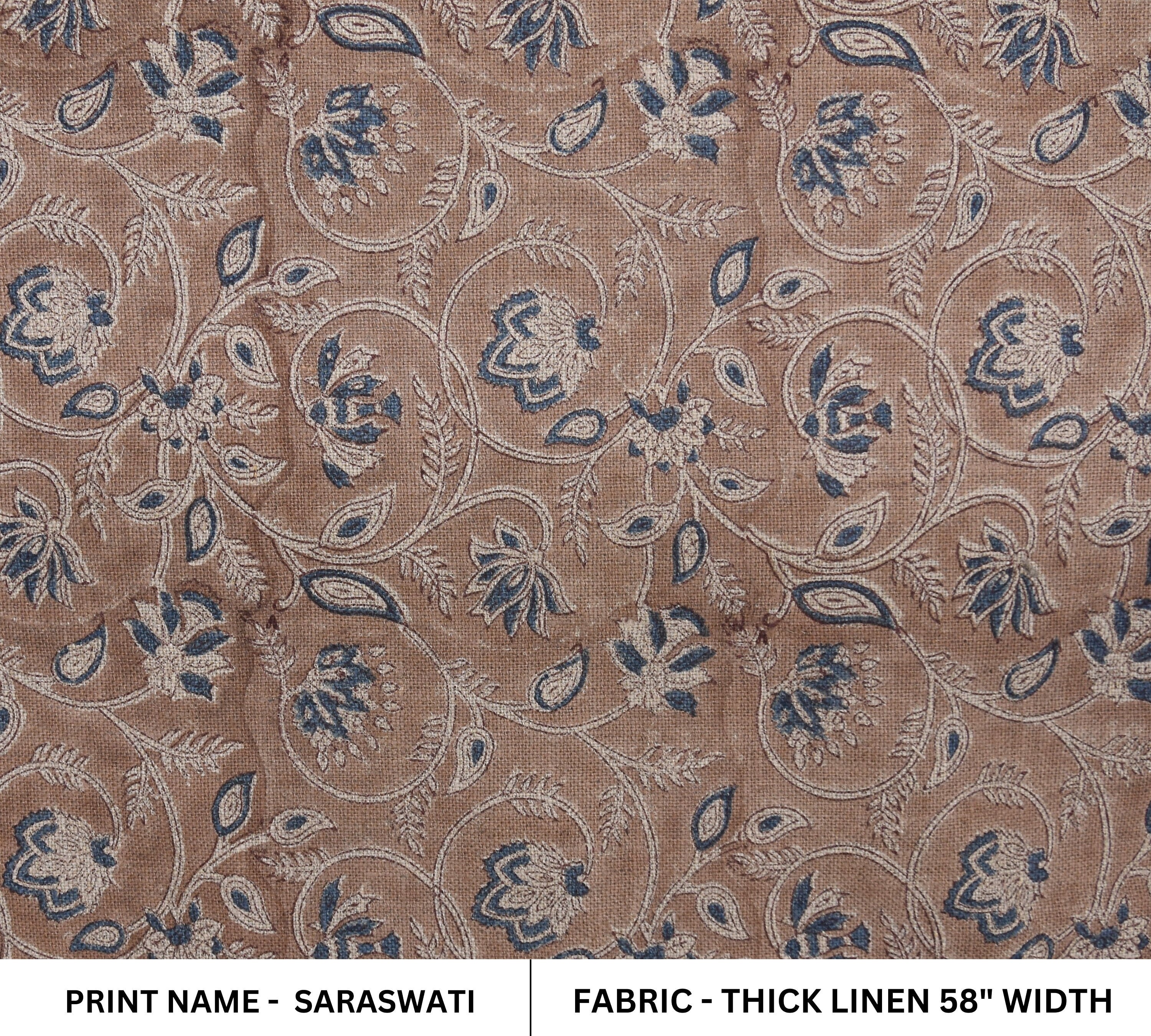 Block Print Thick Linen 58" Wide, Floral Print, Indian Fabric, Home Decor, Handcrafted Linen Fabric Table Cloth - SARASWATI