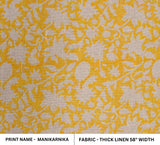Handcrafted Yellow Leaves Block Printed Thick Linen Fabric For Curtains - MANIKARNIKA