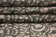 Thick Linen 58" Wide, Handmade Natural Fabric Green Floral Print, Farmhouse Decorative Pillows and Table Cloth - KUNDANVAN