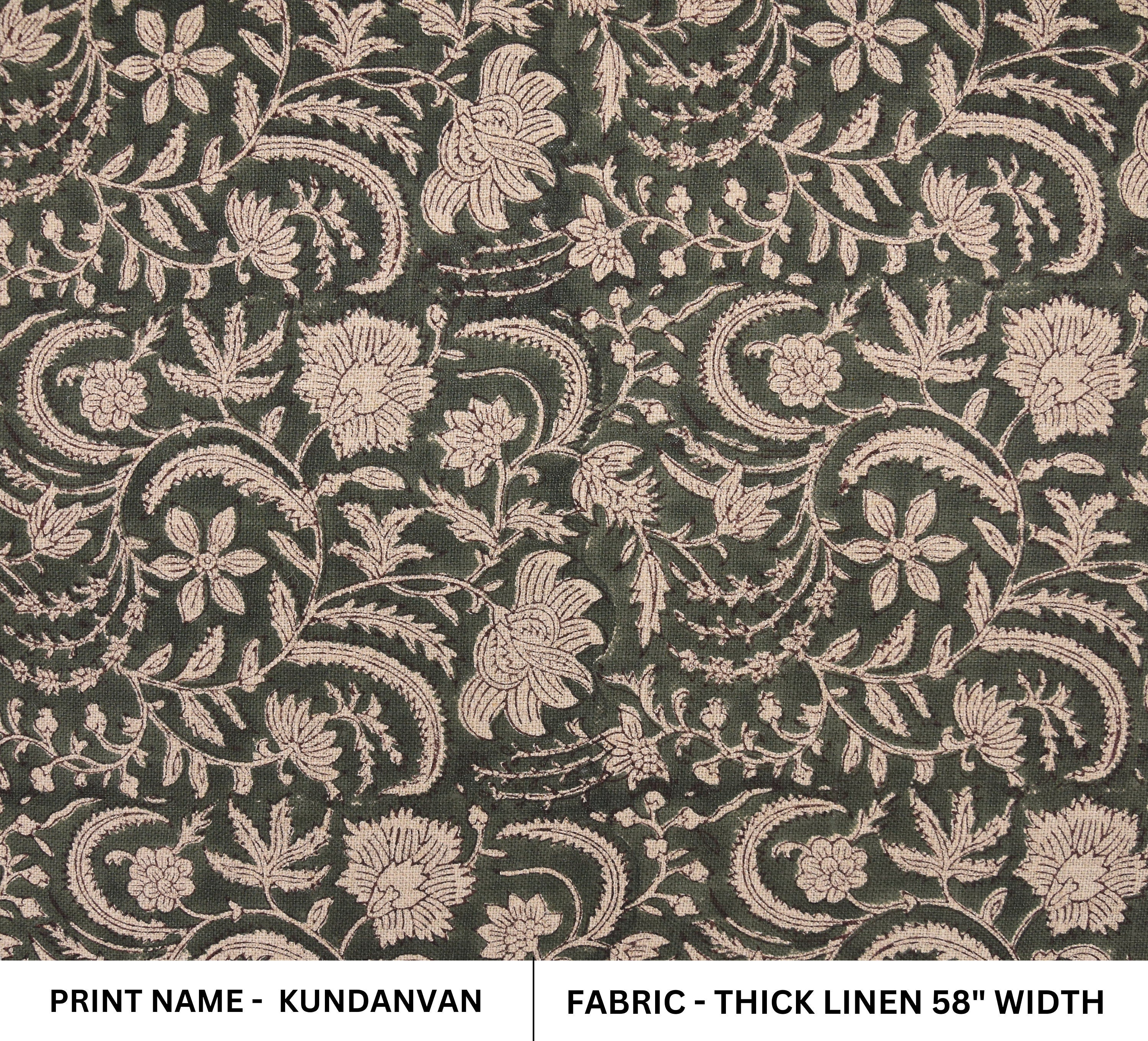 Thick Linen 58&quot; Wide, Handmade Natural Fabric Green Floral Print, Farmhouse Decorative Pillows and Table Cloth - KUNDANVAN
