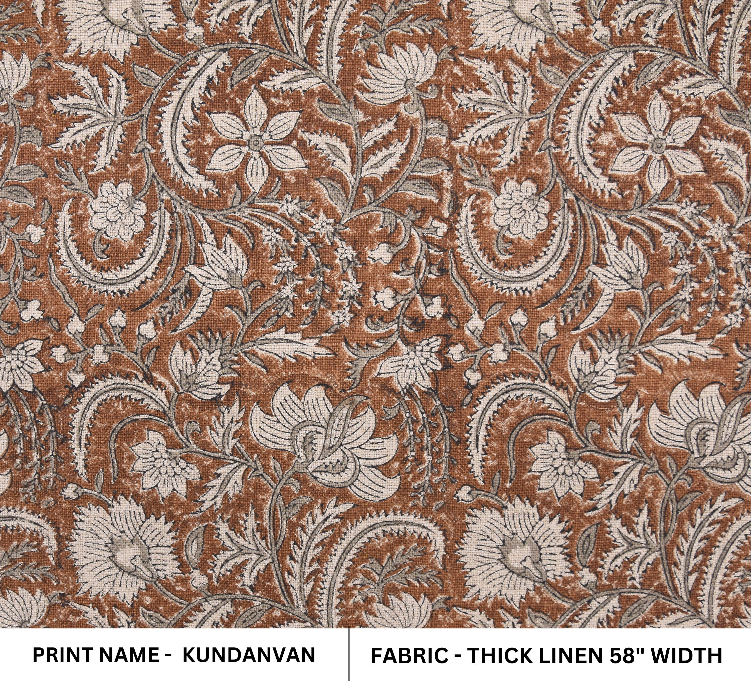 Thick Linen 58" Wide, Handmade Natural Fabric Brown Floral Print, Farmhouse Decorative Pillows and Table Cloth - KUNDANVAN