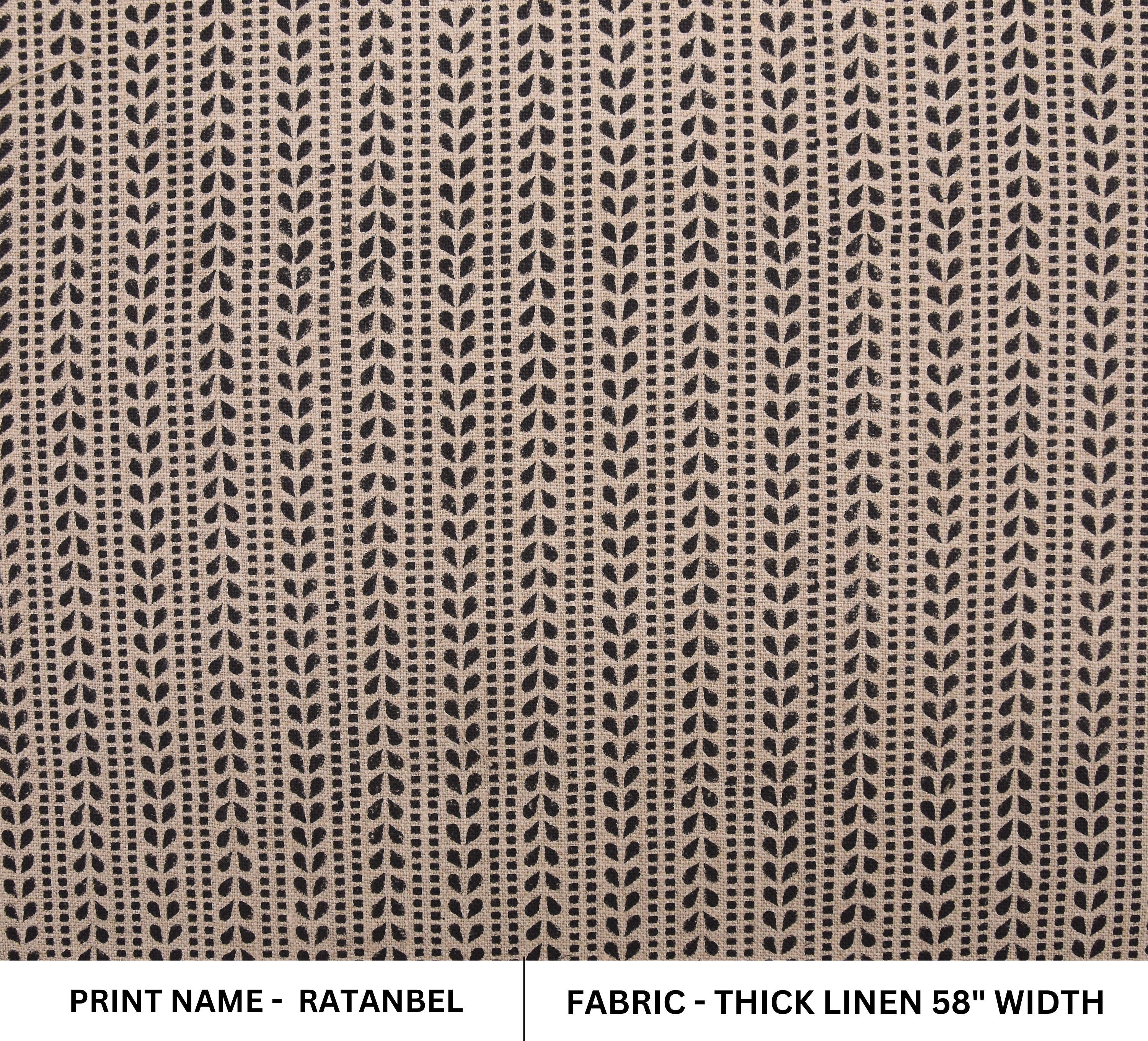 Indian Fabric Block Black Leaf Print, Thick Linen 58" Wide, farmhouse decorative home decor throw pillow cover - RATANBEL