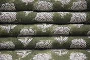 Thick linen 58" Wide, Green Rose Floral Hand block Linen Pillow Cover, Indian Upholstery Fabric Cushion Cover - Rohini
