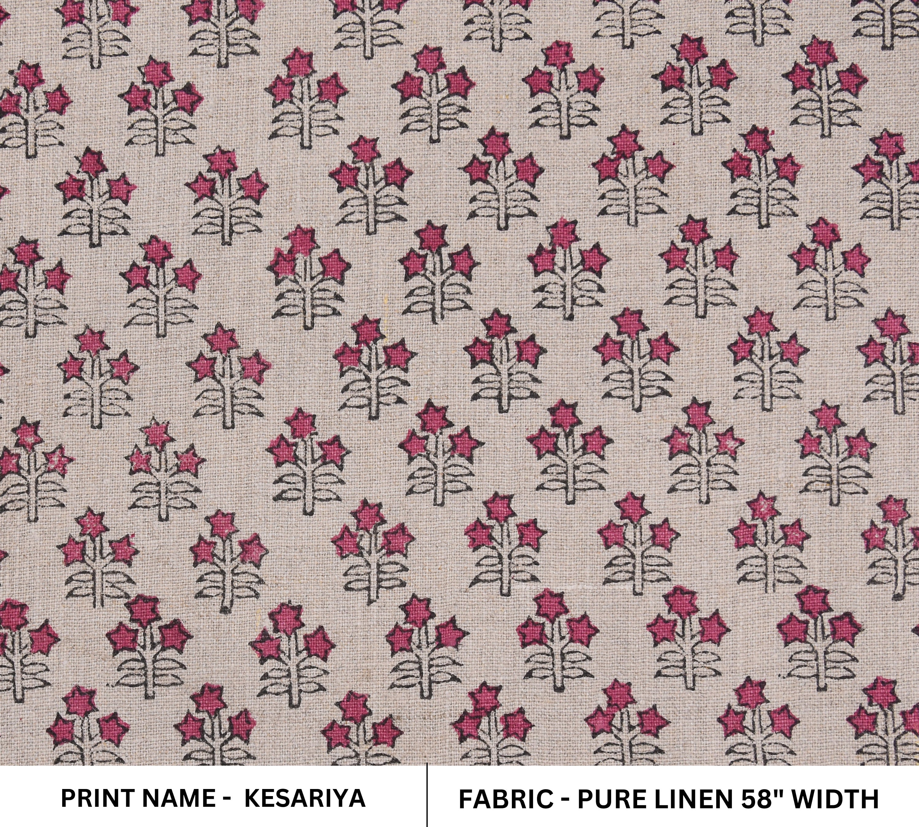 Hand Block Print, Pure Linen 58" Wide, Floral Printed, Sewing Fabric, Pillow Cushion Cover, Upholstery Linen - KESARIYA